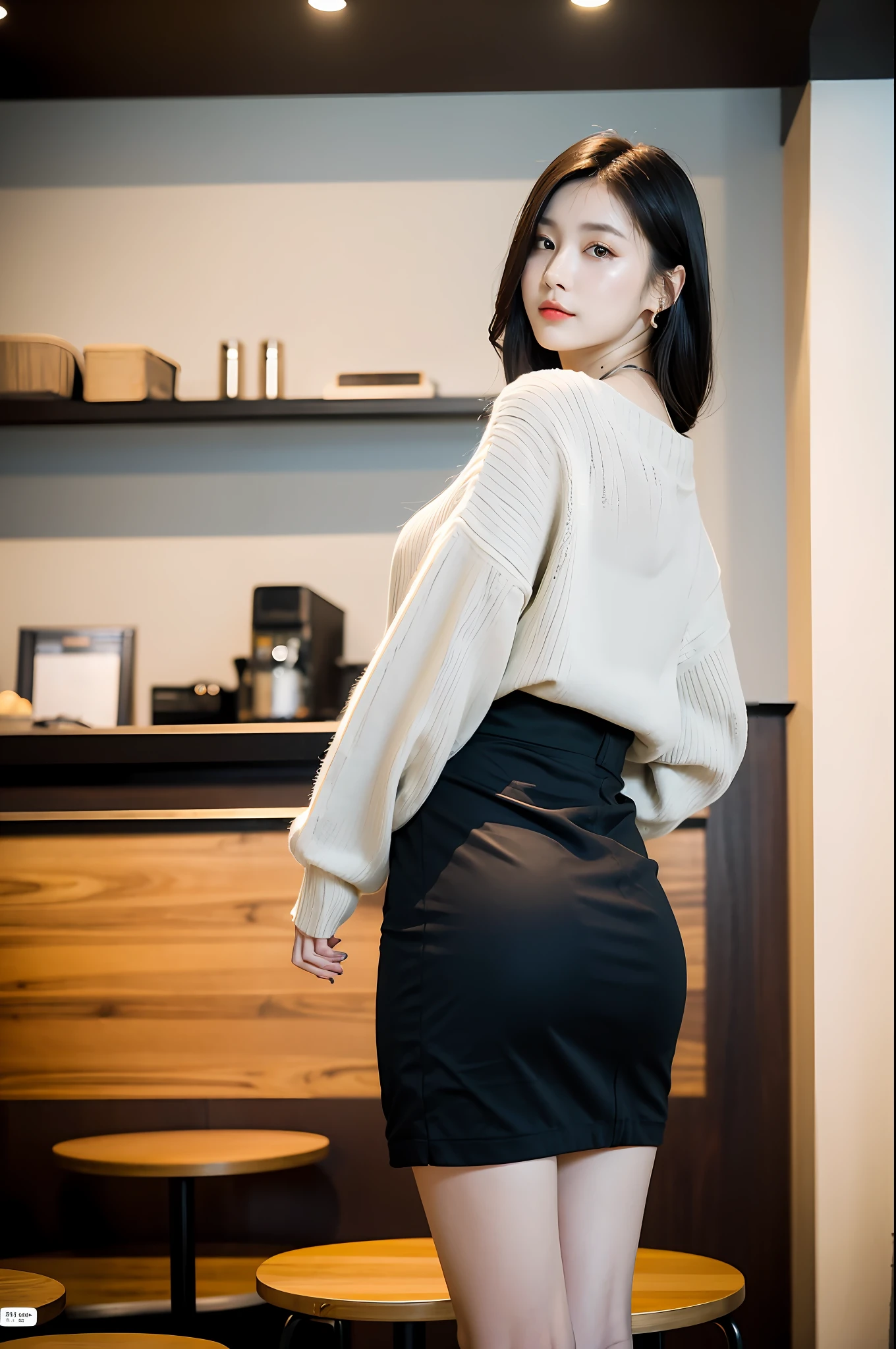 sharp face, masterpiece, best quality, high res, (wide shot:1.2), a Hong Kong woman, (light makeup), (dynamic pose:1.2), cotton sweater, (skirt:1.3), (sitting in cafe), black hair, looking at viewer, looking back,