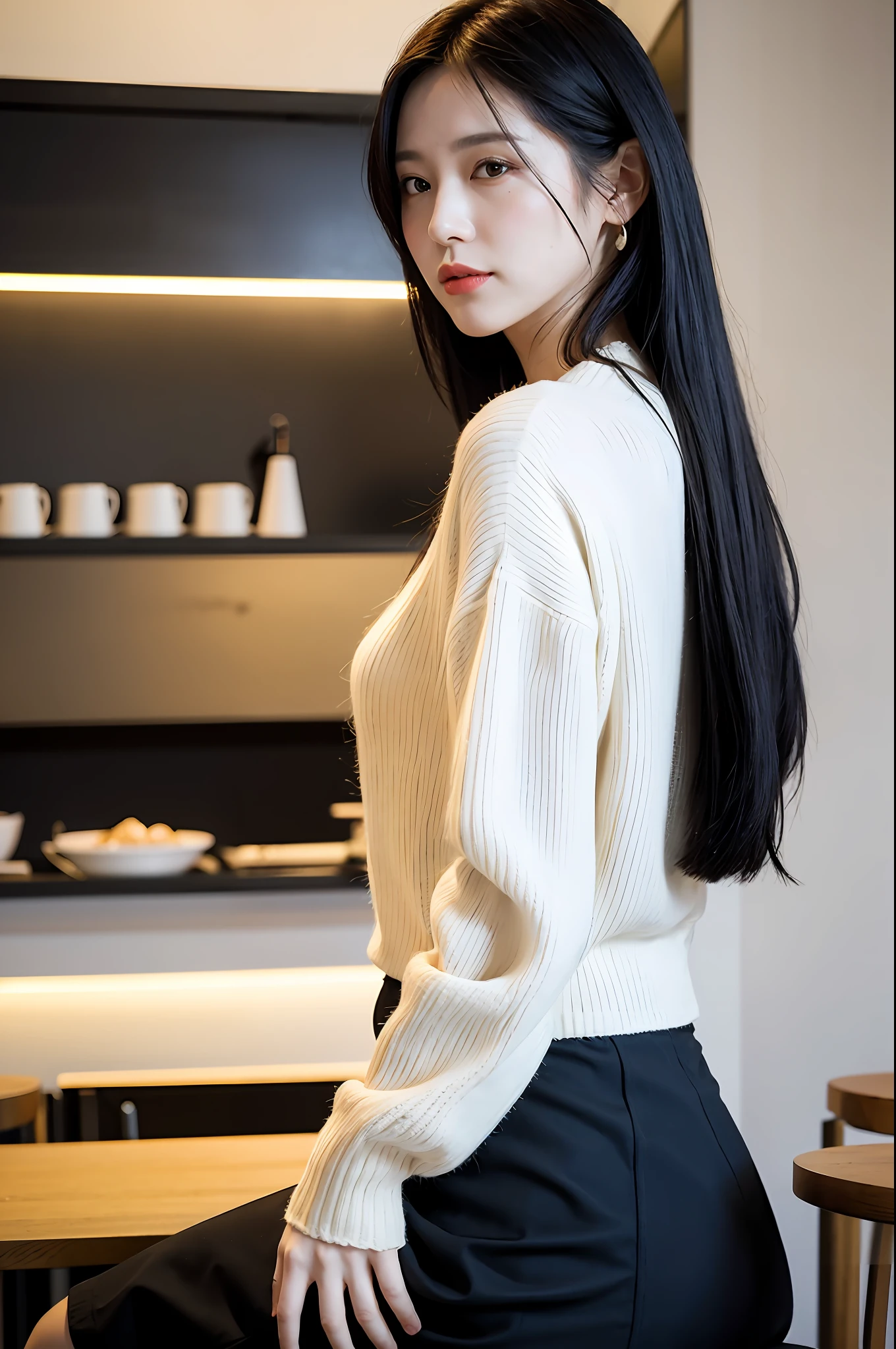 sharp face, masterpiece, best quality, high res, (wide shot:1.2), a Hong Kong woman, (light makeup), (dynamic pose:1.2), cotton sweater, (skirt:1.3), (sitting in cafe), black hair, looking at viewer, looking back,