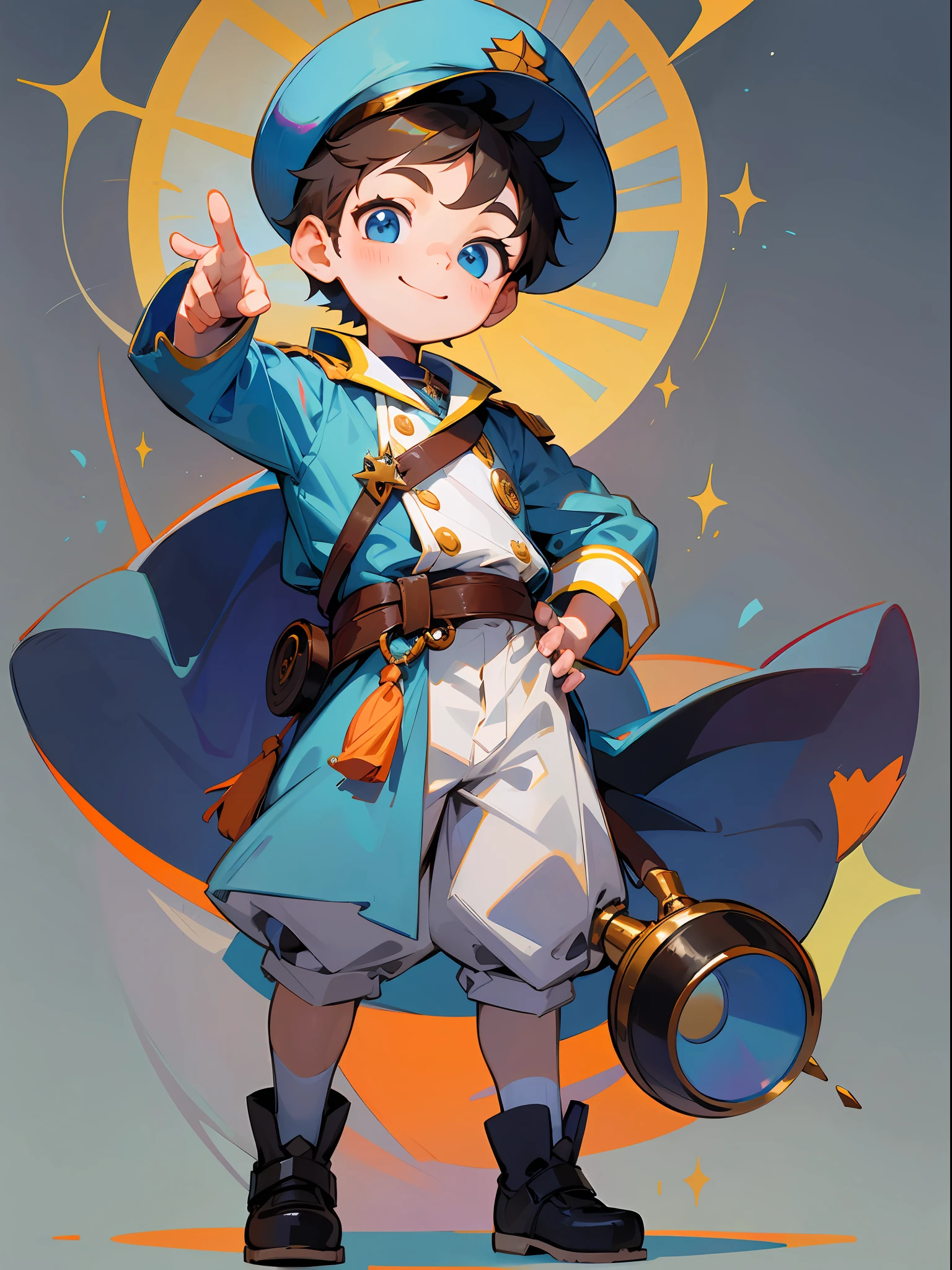 8k, children's style, children's illustration style, white background, character setting, full body image, a little boy in a captain's costume, wearing a captain's hat, one hand crossed at the waist, one hand stretched forward to point into the distance, eyes firmly looking into the distance, with a confident smile on the corners of his mouth --auto --s2