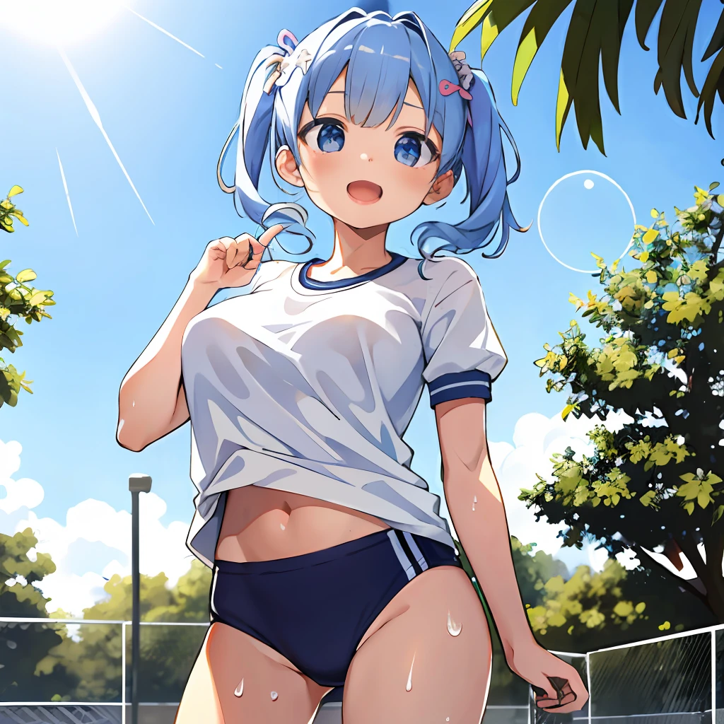 (absurdres,masterpiece,high resolution,an exremely beautiful girl, exremely detailed faced and eyes:1), (kawaii:1.4),light effects, 1 girl, solo, tareme, large breasts, petite, :d, looking away , buruma, gym uniform, sweat, see through, outdoor, sports ground, summer,サイドテール