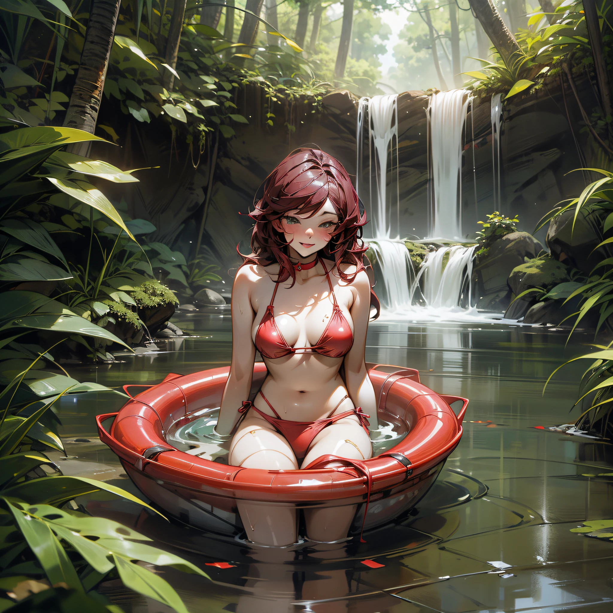 Woman bathing in river in red bikini, sexy, 8k, perfect, bikini, nature --auto --s2