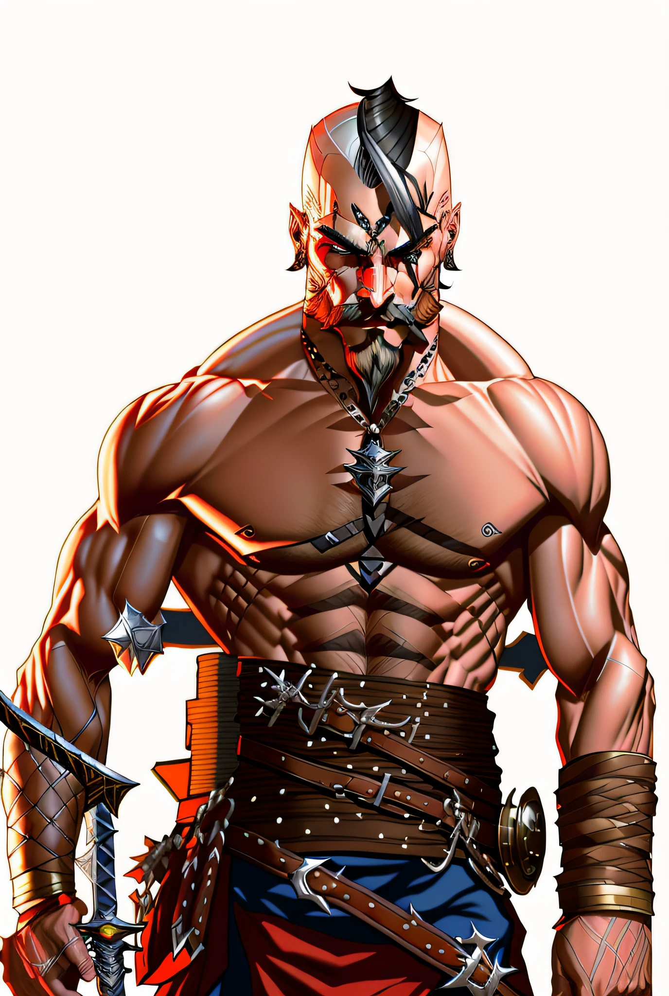 a close up of a man with a sword and a belt, muscular character, technoviking male with no shirt, bald male swashbuckler, picture of an adult male warrior, muscular male hero, muscular characters, rpg character, attractive beefy male with armor, fighting game character, male warrior, dnd render of a man, muscular bald man, video game character
