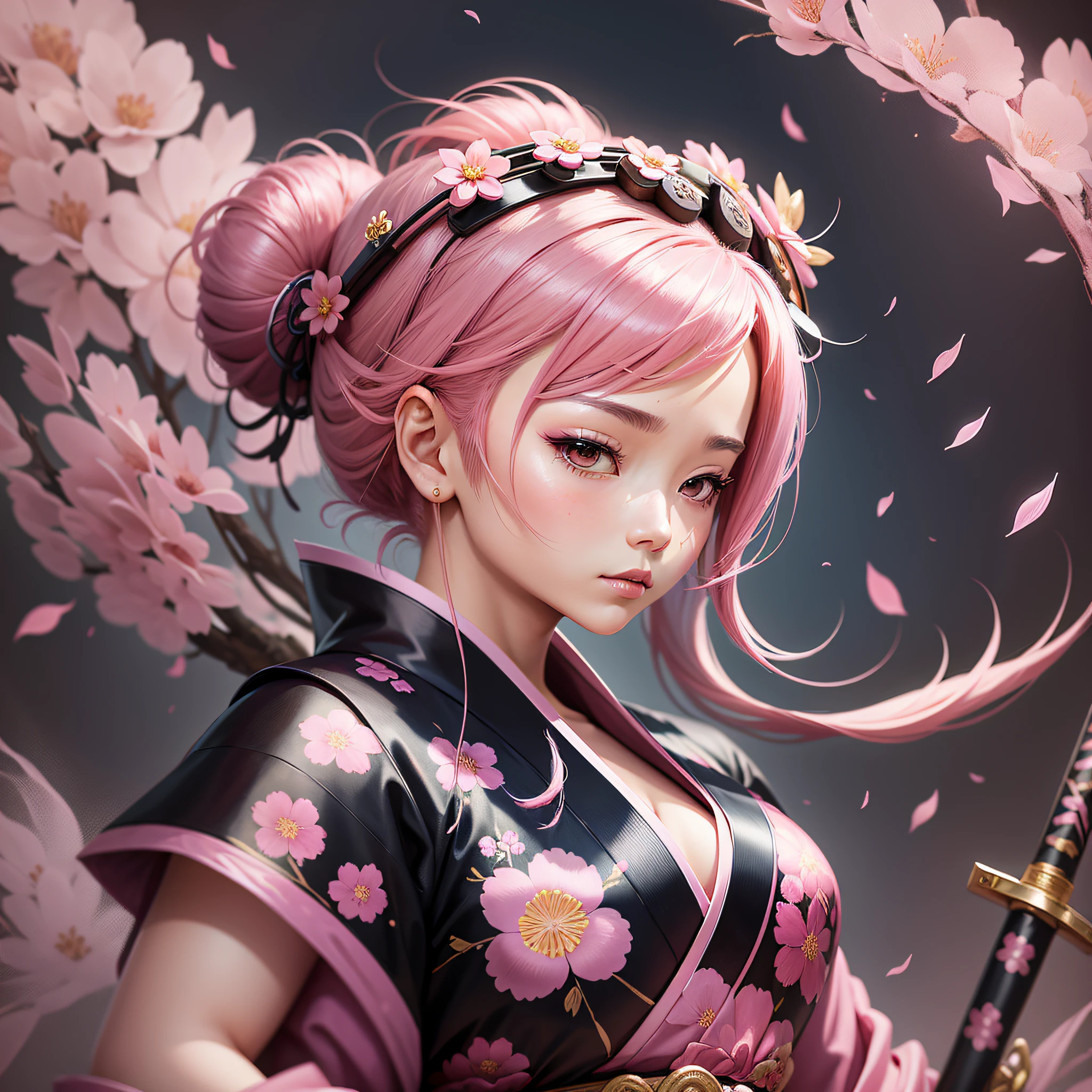 Style feminine flower samurai chibi. She is a graceful figure, with pink hair in an elegant bun and a silk kimono adorned with sakura prints. Her sword, adorned with flower petals on its handle, is an extension of her connection to nature, and she uses her mastery of the winds to create petal gales during her battles.