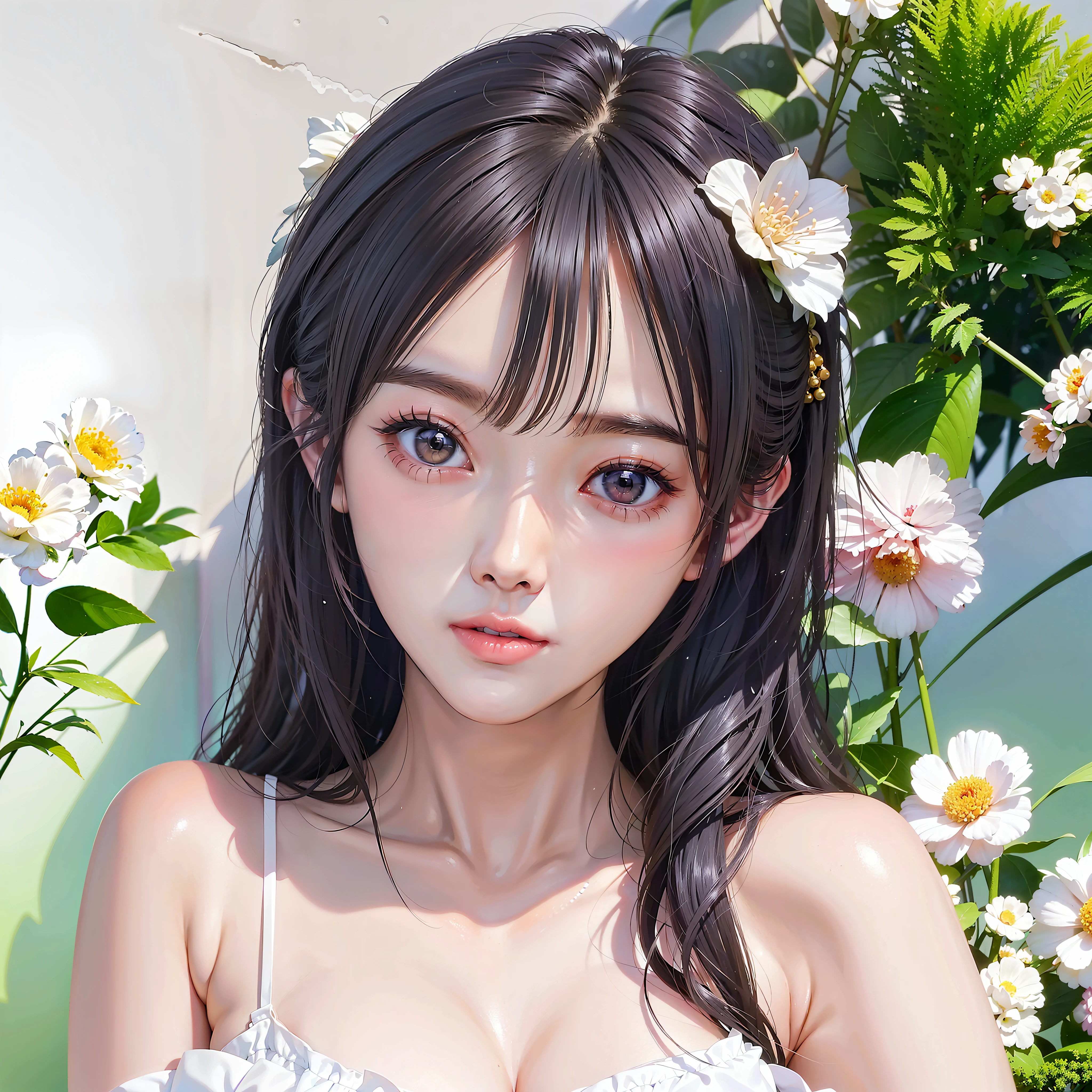 a close up of a woman with a flower in her hair, kawaii realistic portrait, artwork in the style of guweiz, guweiz, realistic anime 3 d style, smooth anime cg art, photorealistic anime, cute natural anime face, stunning anime face portrait, realistic anime artstyle, beautiful anime portrait, detailed digital anime art, realistic anime art style