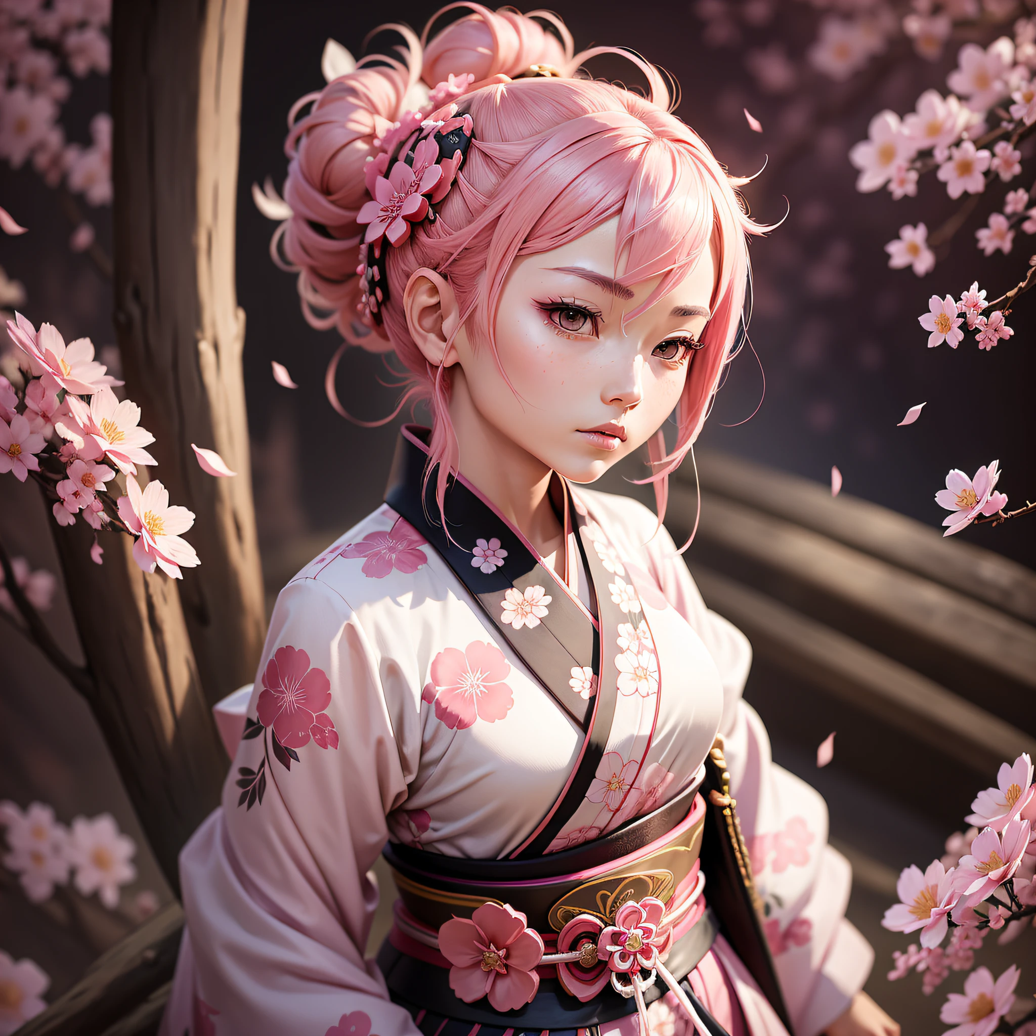 Style feminine flower samurai chibi. She is a graceful figure, with pink hair in an elegant bun and a silk kimono adorned with sakura prints. Her sword, adorned with flower petals on its handle, is an extension of her connection to nature, and she uses her mastery of the winds to create petal gales during her battles.