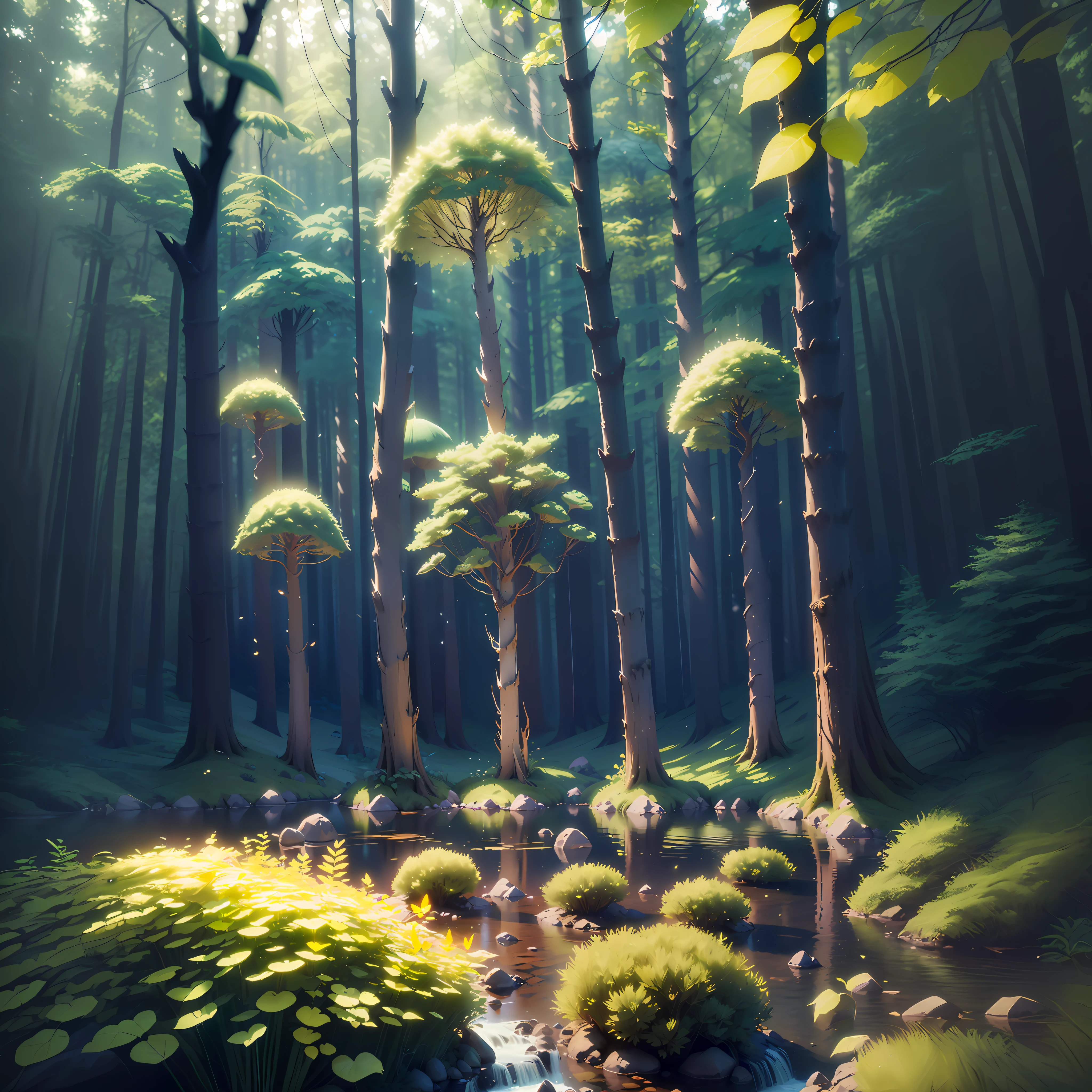 there is a stream running through a forest with trees and rocks, anime lush john 8k woods, 3 d render stylized, fantasy forest environment, stylized 3d render, serene forest setting, trees. matte painting, stylized as a 3d render, magical forest in the background, magical forest backround, fantasy forest landscape, detailed forest