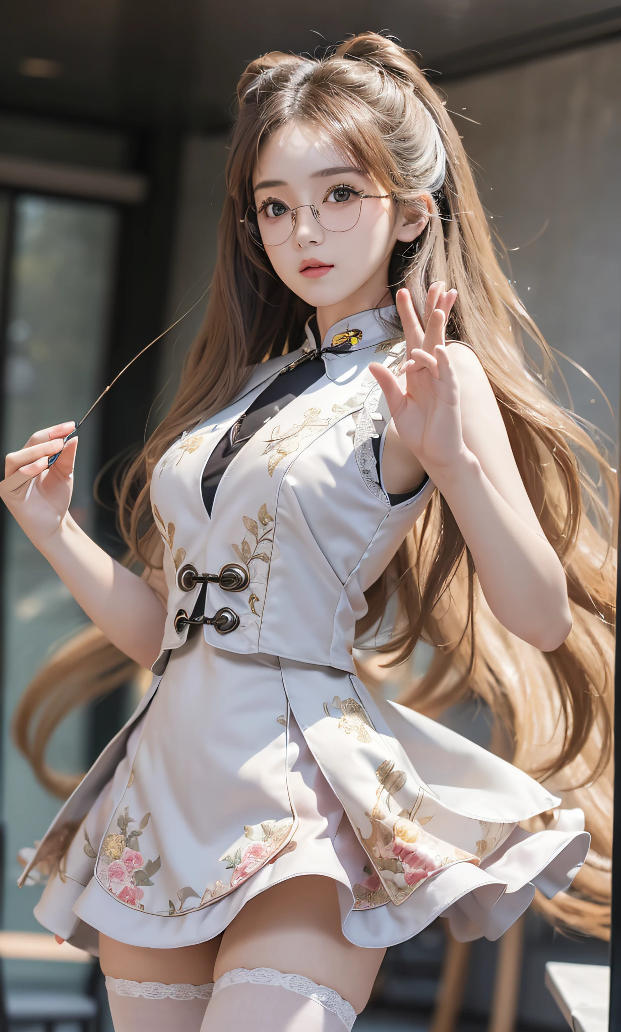 ulzzang-6500-v1.1, (raw photo:1.2), (photorealistic:1.4), beautiful detailed girl, very detailed eyes and face, beautiful detailed eyes, huge file size, super detailed, high resolution, very detailed, best quality, masterpiece, ((cheongsam)), ((vest line: 1.2), (not leaked), (character face shot), illustration, very detailed, CG, unified, 8k wallpaper, Amazing, fine details, masterpiece, best quality, wallpaper, light on face, cinematic lighting, 1girl, 16 years old, long white hair, side split, perfect figure, (with glasses), ((standing dynamic pose))), (camel toe), (medium view)