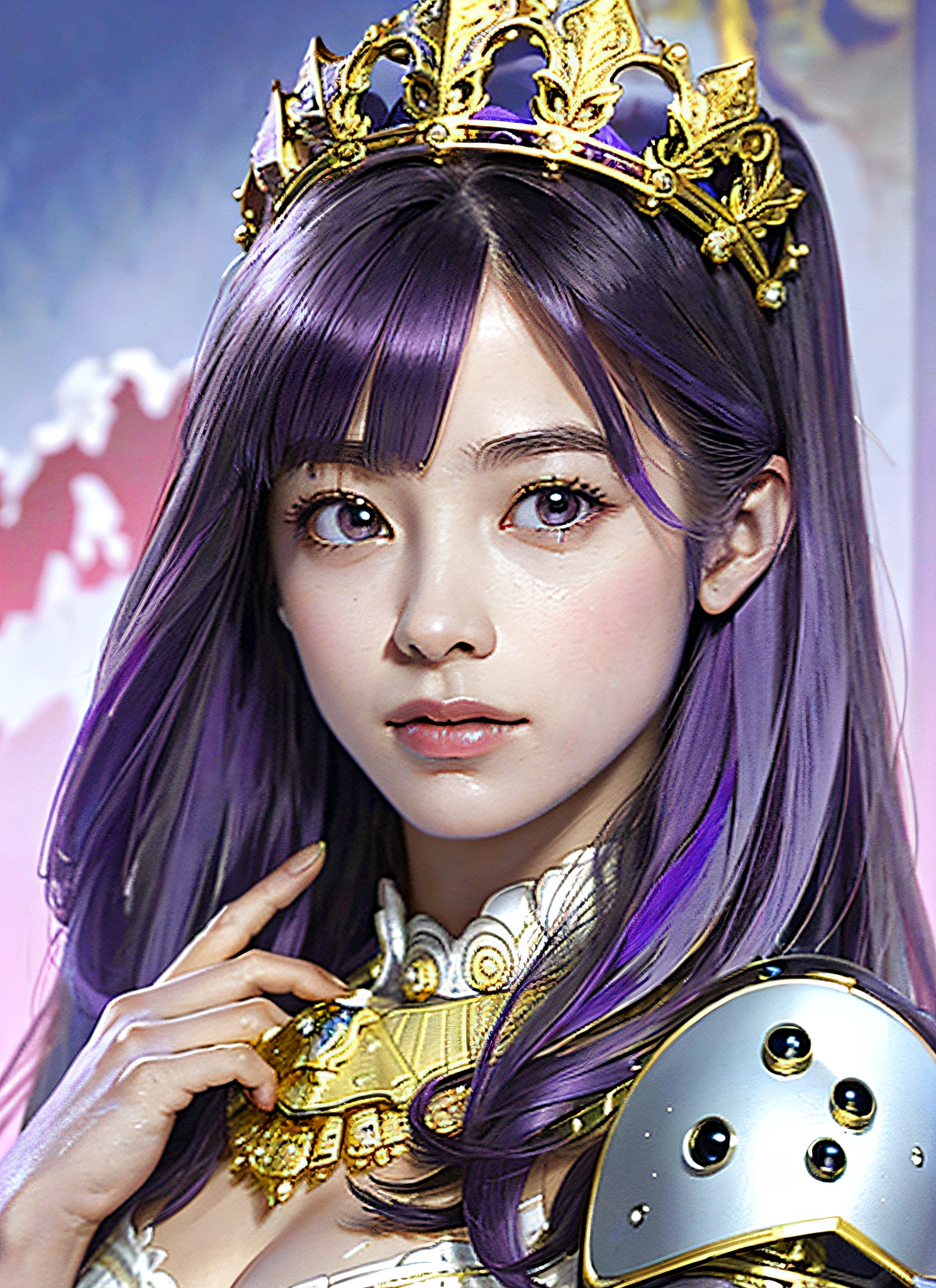 Ultra detailed complex 3d rendering of face, huge breasts, beautiful girl with normal body shape: 1.4, (big: 4.8), sexy underwear long hair, viewer view, pants, parted lips, (shiny skin),realistic sensual gravure idol, (), intricate details, super detailed complex 3d rendering of face with beautiful porcelain profile, (warrior queen armor, cape lined with fur, Jeweled crown: 2.2), Big, big, (micro bikini) sexy swimsuit, (surreal), (magic wand), (high resolution), (8K), (very detailed), (beautiful detailed eyes), (best quality), (ultra detailed), intricate detail jewelry (detailed female armor: 2.3), (ornate gold armor: 1.3), 1 girl, solo, long hair, wind, gorgeous face, top quality, masterpiece, Maximum detail, diffused lighting, (purple hair: 1.3), Valhalla Valkyrie, mechanical arm, beauty, facial muscles