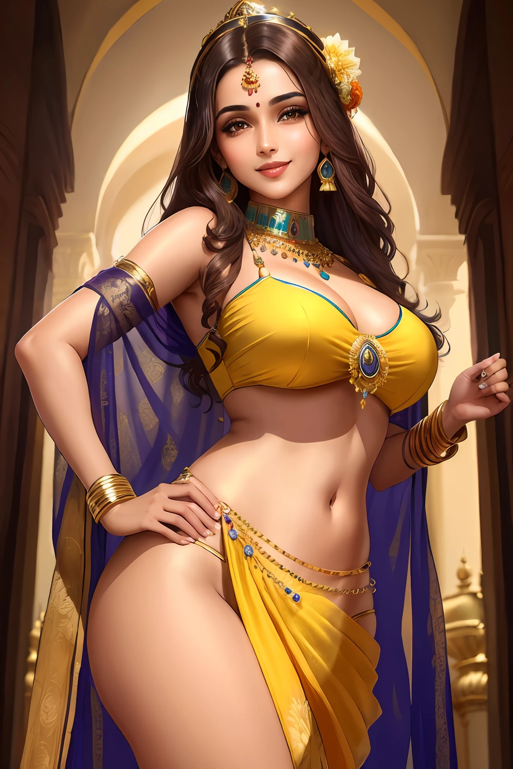 (Best quality, 8k, masterpiece: 1.3), Indian princess with perfect figure: 1.4, dark brown hair, wearing saree wear jewellers dress type yellow bikini , highly detailed face and skin, detailed eyes, double eyelids, big breasts, smile