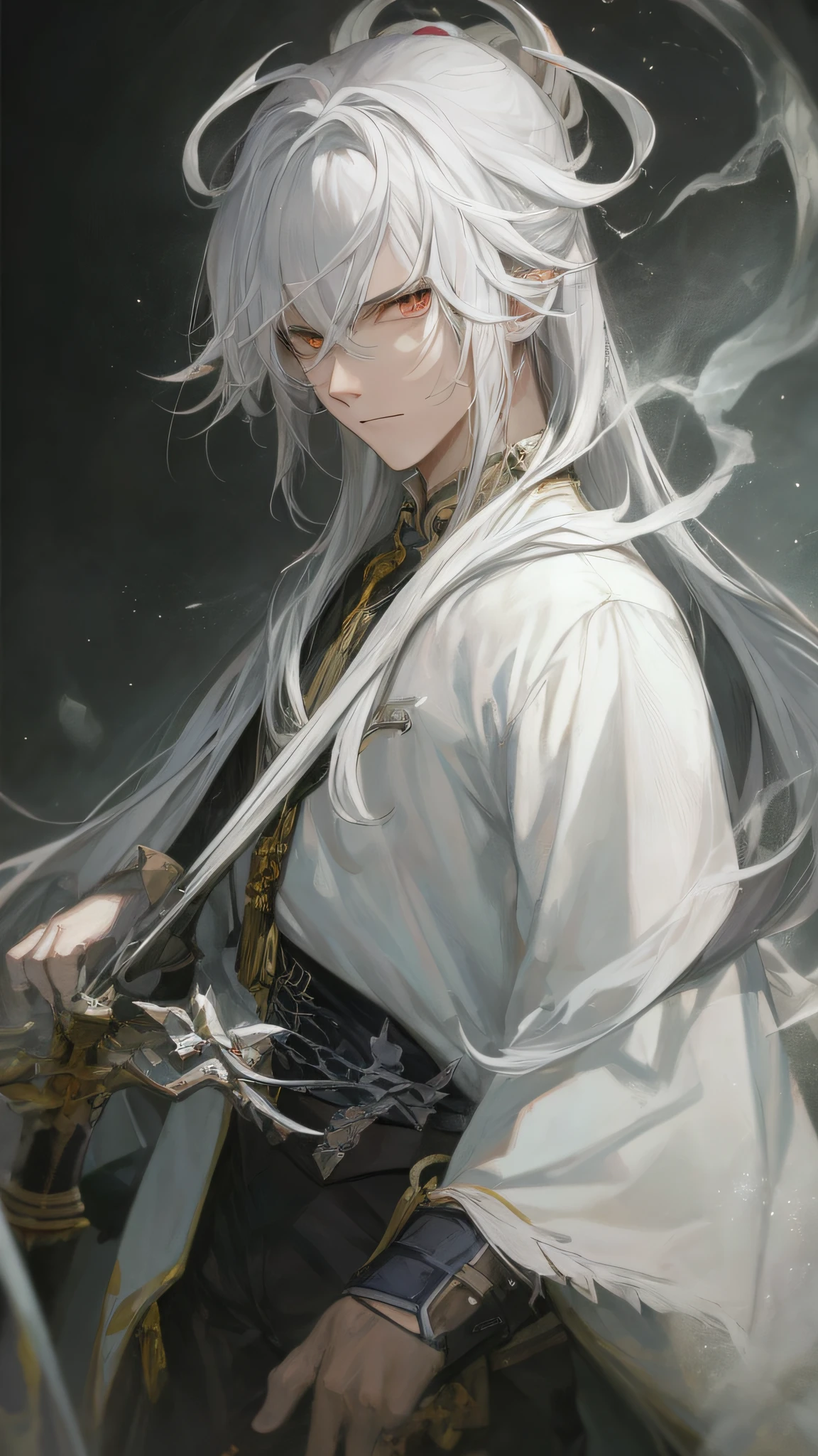 Close-up of a man with white hair and a sword, white hair god, white long hair, long white hair, Guvez style artwork, white hair, Guvez, handsome guy in Drawing Bad Guys, Beautiful Character Painting, by Yang J, White Hair, Gurwiz on Pixif Art Station, anime characters