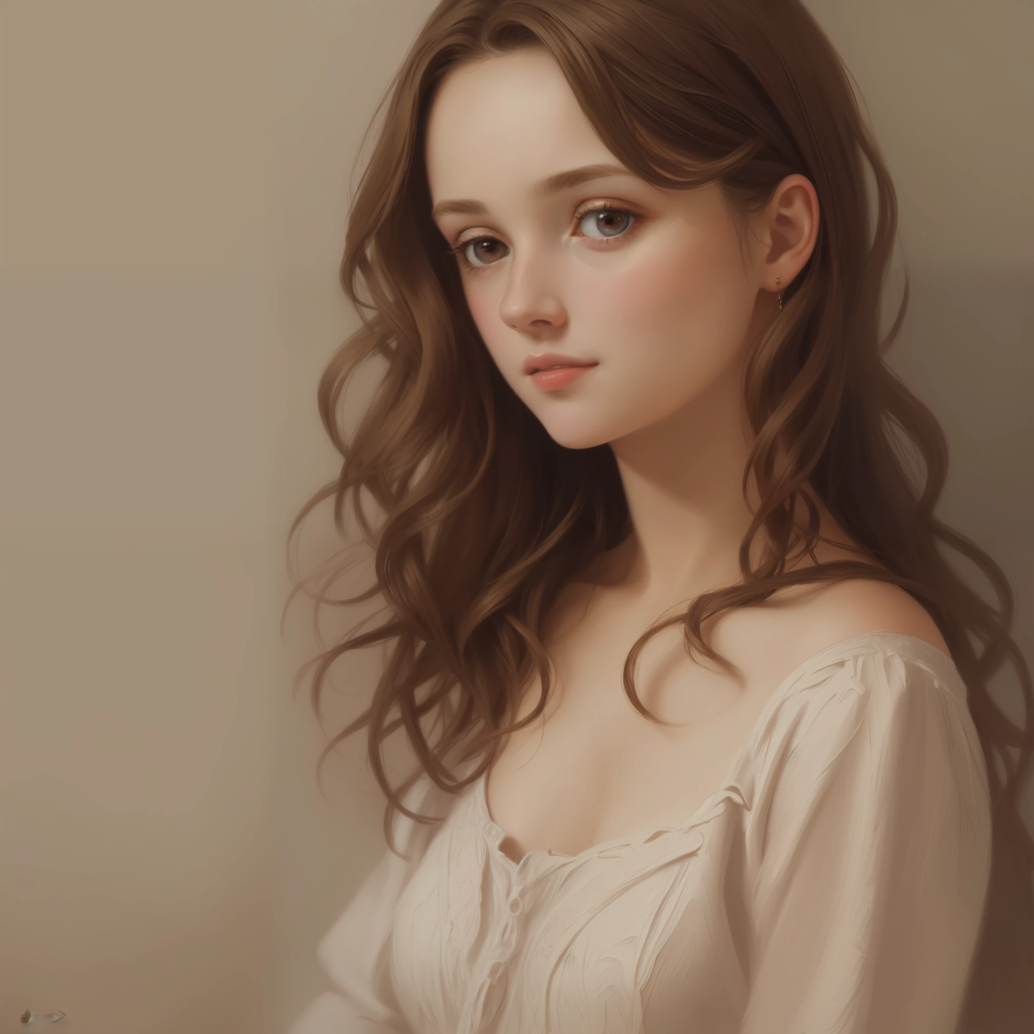1girl, beautiful teenage girl, very small breasts, short wavy brown hair, portrait, oil painting, modern, realistic proportions, intricate, intricate details, sharp focus