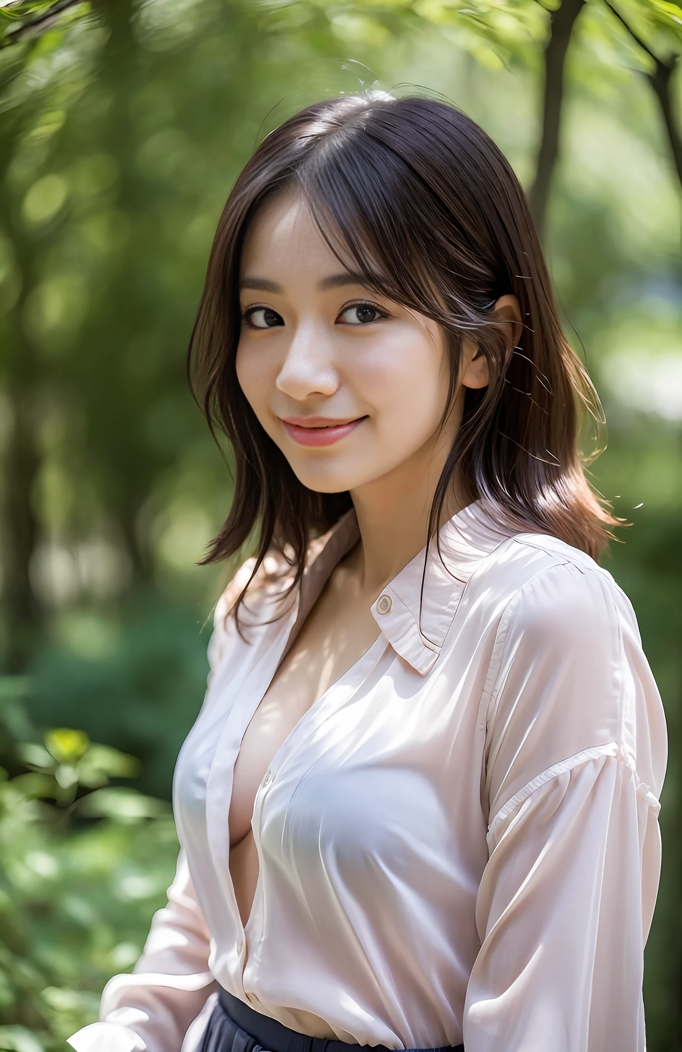 Realistic, solo, beautiful Japan woman, light refreshing blouse and skirt, blouse unbuttoned, natural figure, sweet smile, rough hairstyle not set, sensual expression, soft sunlight in the morning, park in the morning with no one, in the shade of trees, ((seductive pose)), (release libido)))), professional photographer, shallow depth of field,