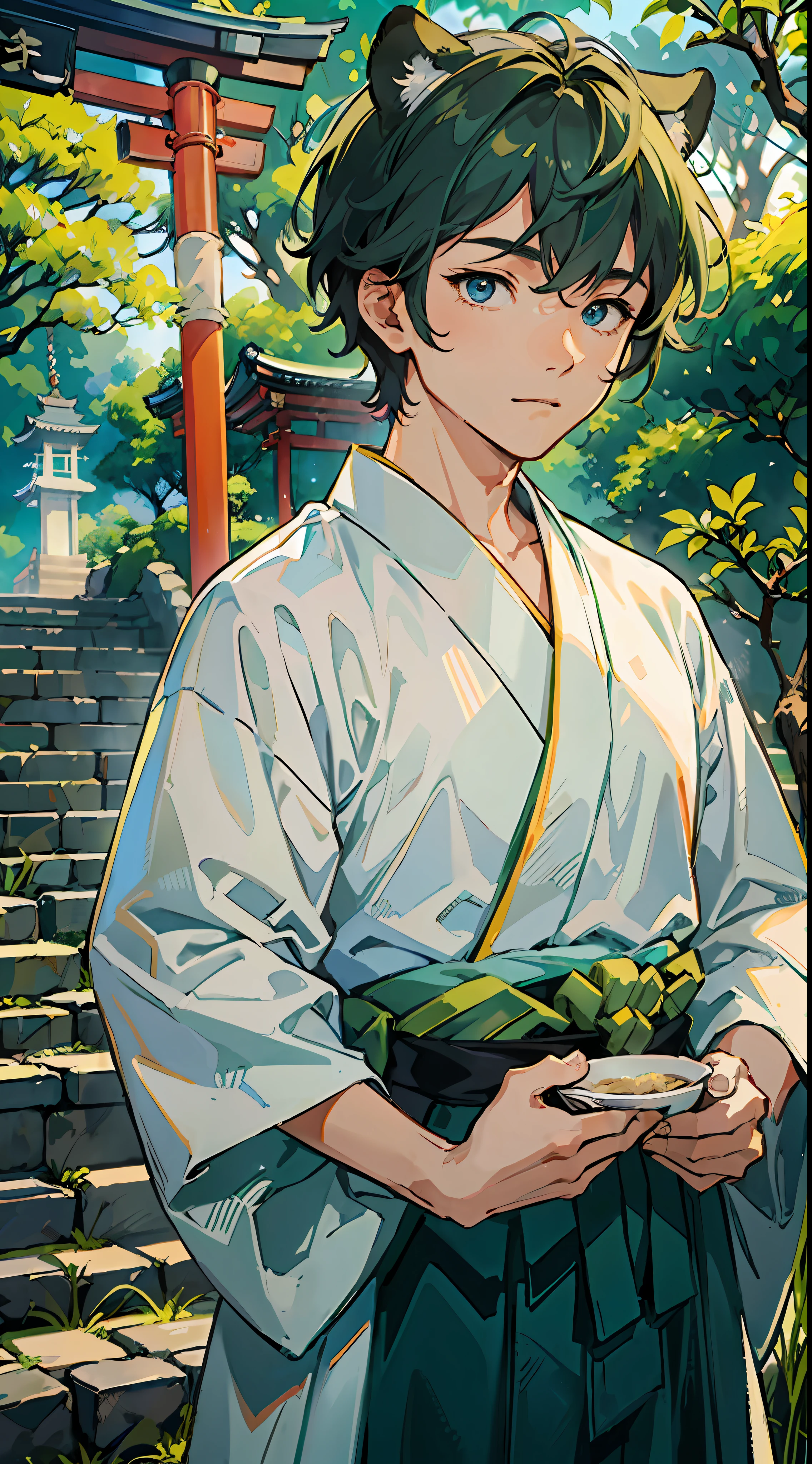 ((Masterpiece: 1.4, top quality)), one boy, green and short hair and eyes, (Japan Shinto priest, white and light blue hakama: 1.3), tanuki ears and tail, the background is a temple in Kyoto.