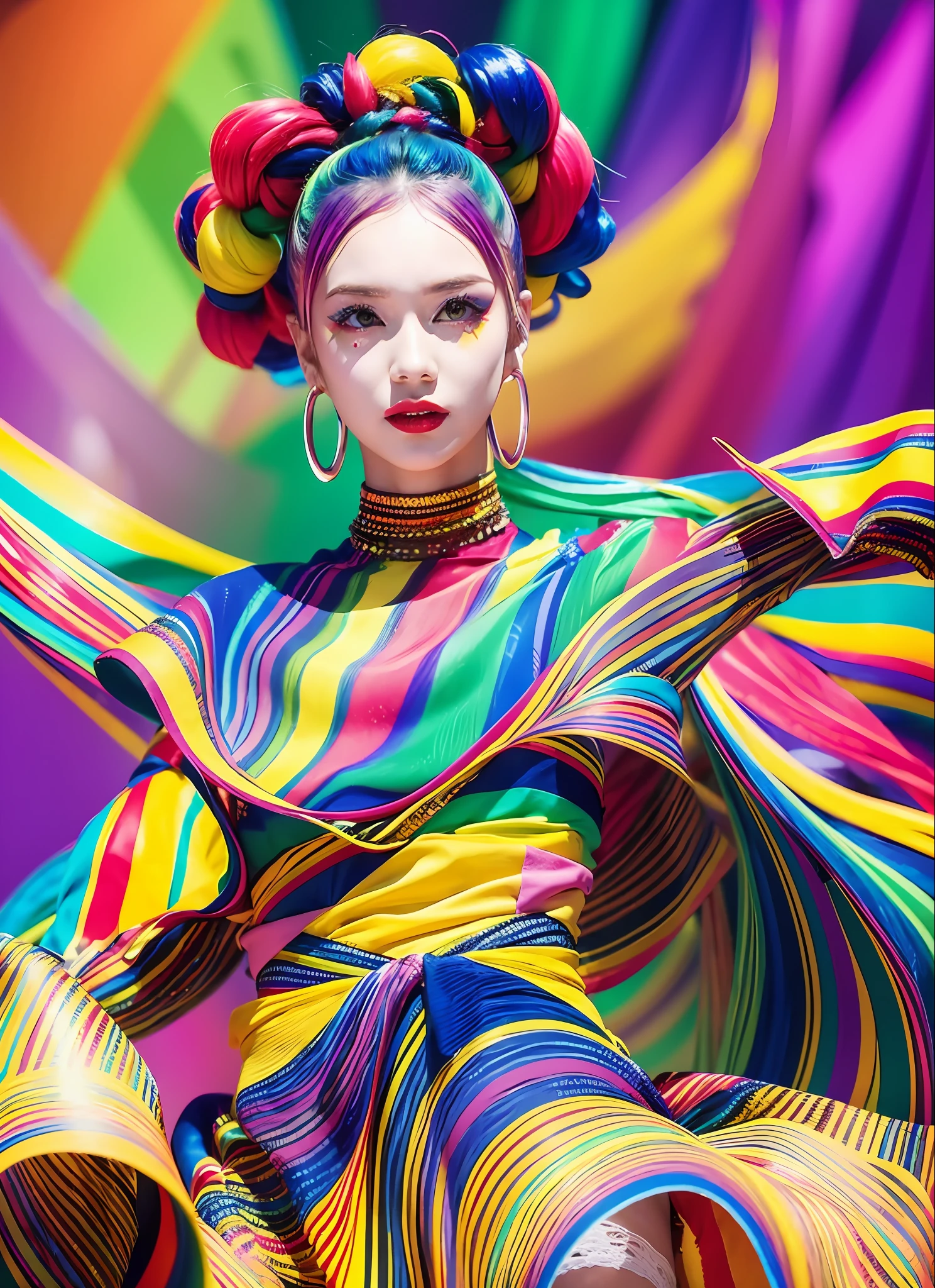 Generate images of women with high quality, colorful and refreshing atmosphere. She wears a novel fashion style, dressed in outfits with a variety of colors and vibrant patterns. The background is full of abstract and fantastic elements, and colorful tones color the space. Her poses are extraordinary, with a feeling of dynamic movement and expressiveness. The effects of light and shadow are skillfully expressed, and the costume details, faces and expressions are colorful and vividly artistic. The overall atmosphere is refreshing, yet stands out with its own avant-garde elements. This image is vividly projected in colorful tones, evoking visual stimulation and aesthetics, and will excite and surprise the viewer. While pursuing an avant-garde style, the colorful palette creates an exhilarating atmosphere.