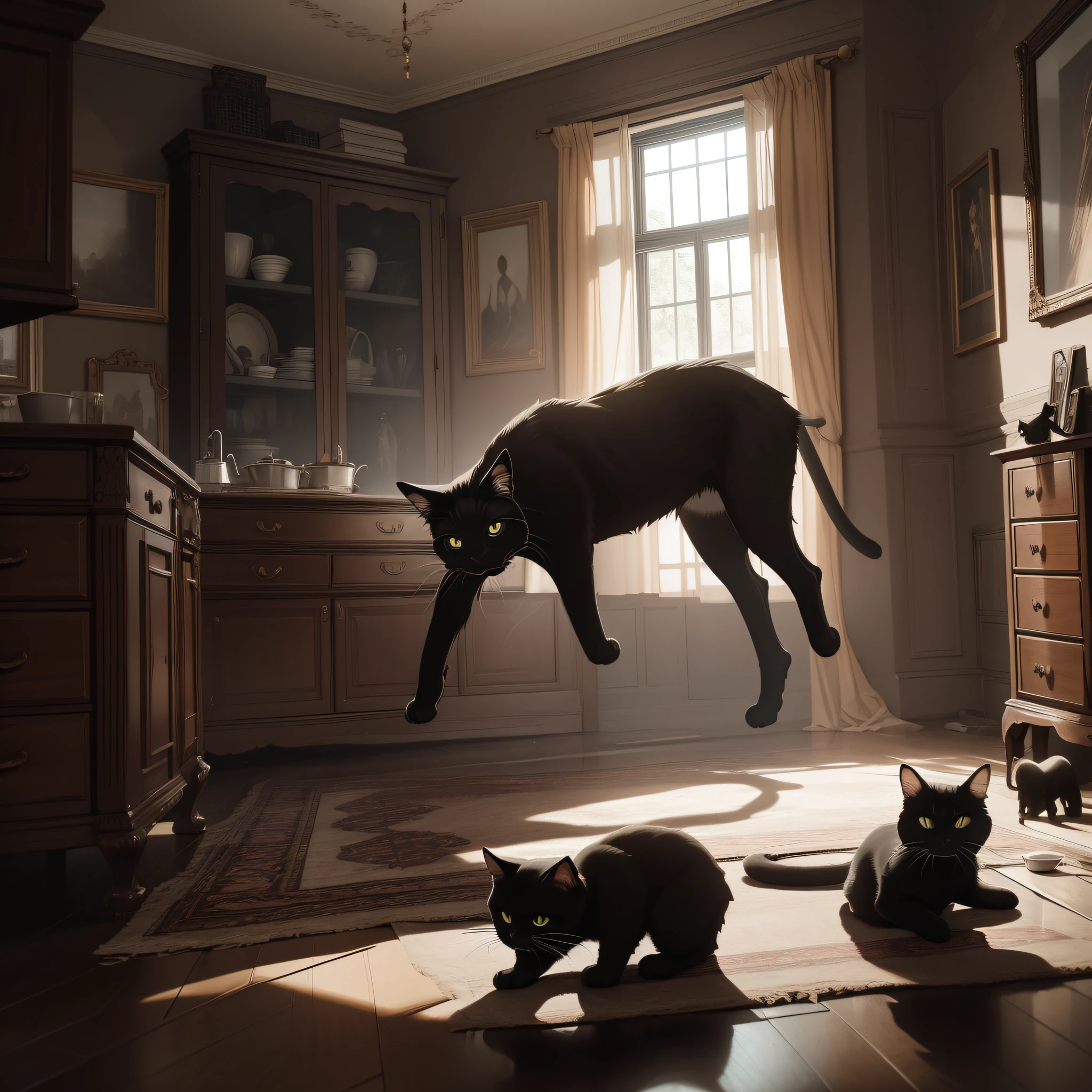 Absurd resolution, high resolution, (masterpiece: 1.4), hyper-detailed, eerie room, a black cat lying high in the kitchen