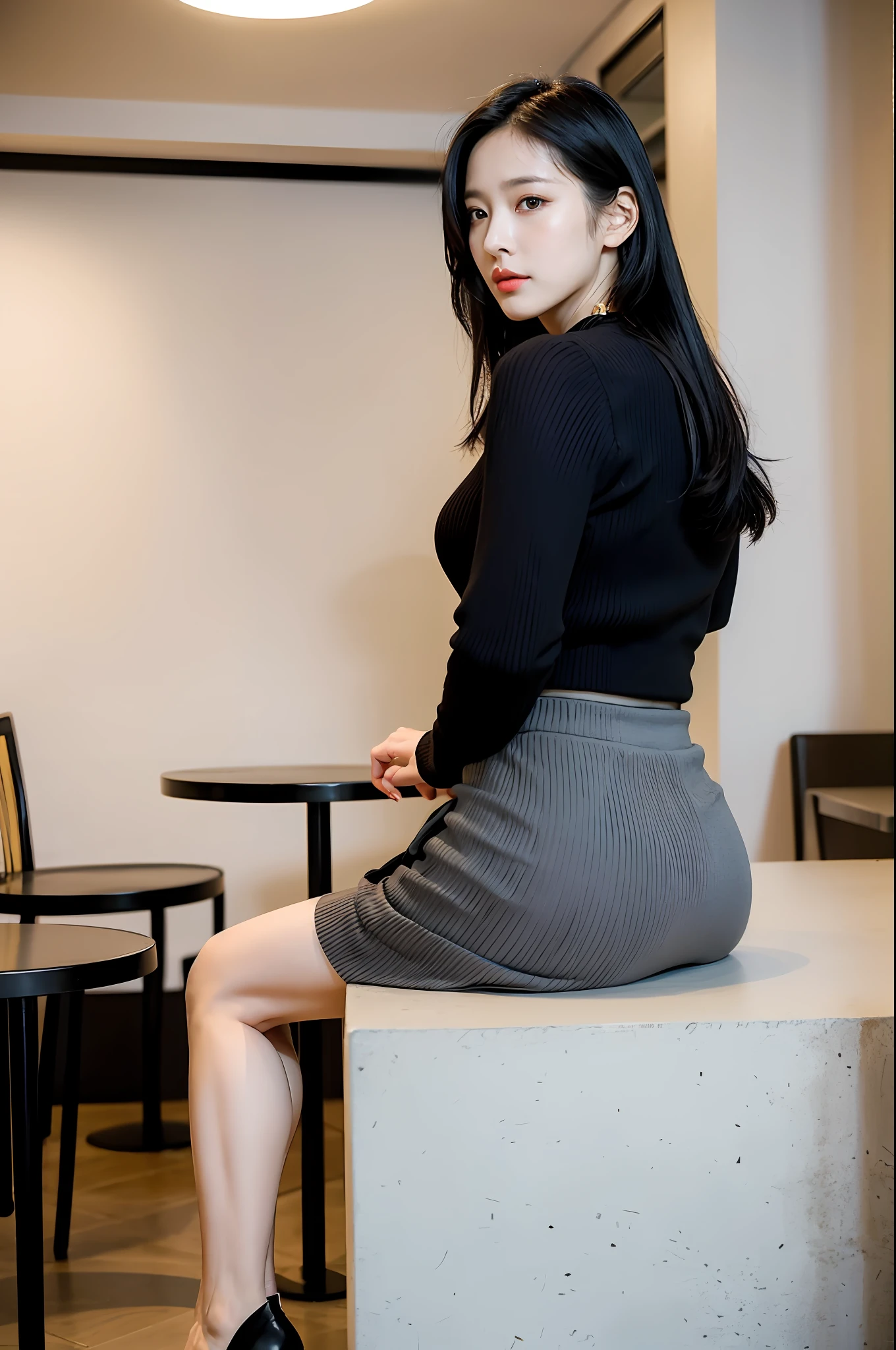 sharp face, masterpiece, best quality, high res, (wide shot:1.2), a Hong Kong woman, (light makeup), (dynamic pose:1.2), cotton sweater, (skirt:1.3), (sitting in cafe), black hair, looking at viewer, looking back,