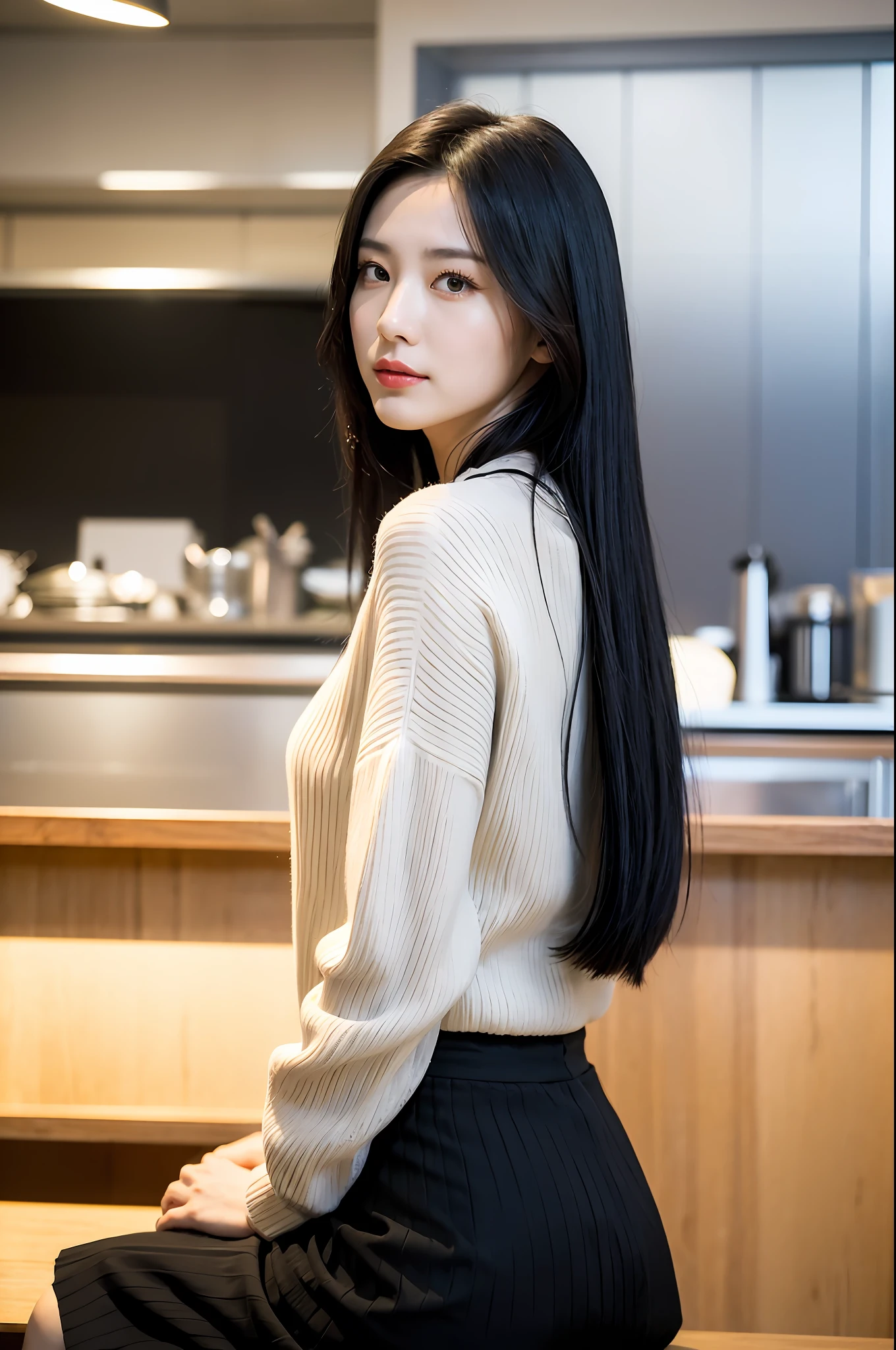 sharp face, masterpiece, best quality, high res, (wide shot:1.2), a Hong Kong woman, (light makeup), (dynamic pose:1.2), cotton sweater, (skirt:1.3), (sitting in cafe), black hair, looking at viewer, looking back,