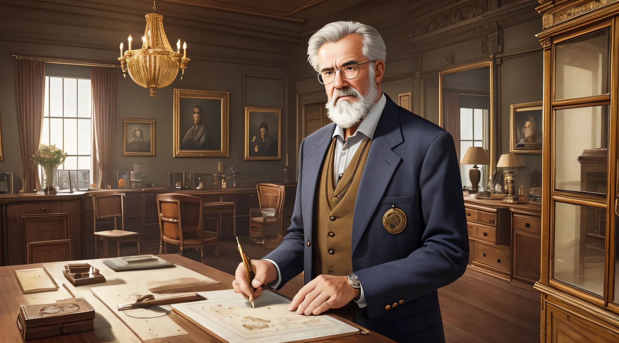 Drawing, ultra realistic, 8k, extremely detailed, in the best quality, a single -yeld testanding, with an old-style watch in his hand, talking head-on with an older man with a beard, in the background a room with antique furniture.