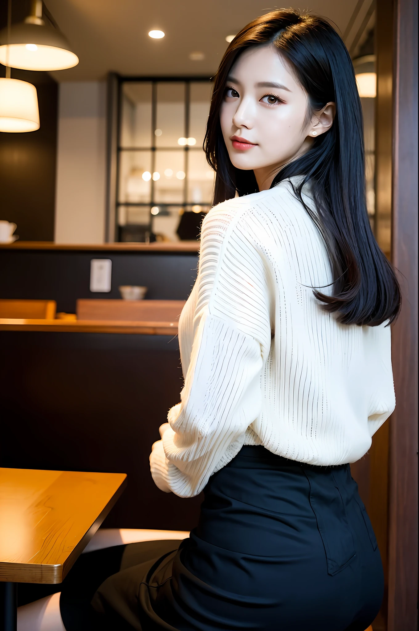 sharp face, masterpiece, best quality, high res, (wide shot:1.2), a Hong Kong woman, (light makeup), (dynamic pose:1.2), cotton sweater, (skirt:1.3), (sitting in cafe), black hair, looking at viewer, looking back,
