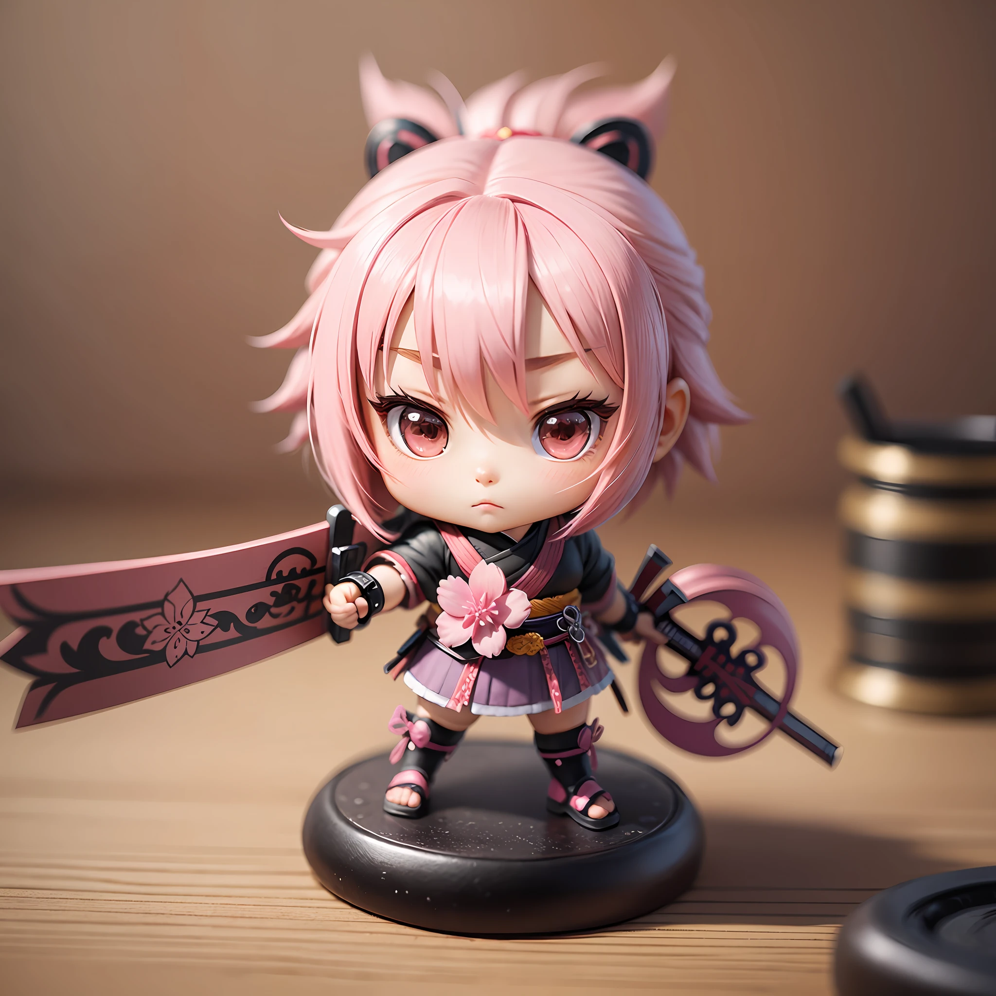 Style female flower samurai chibi, pink haired Chibi.