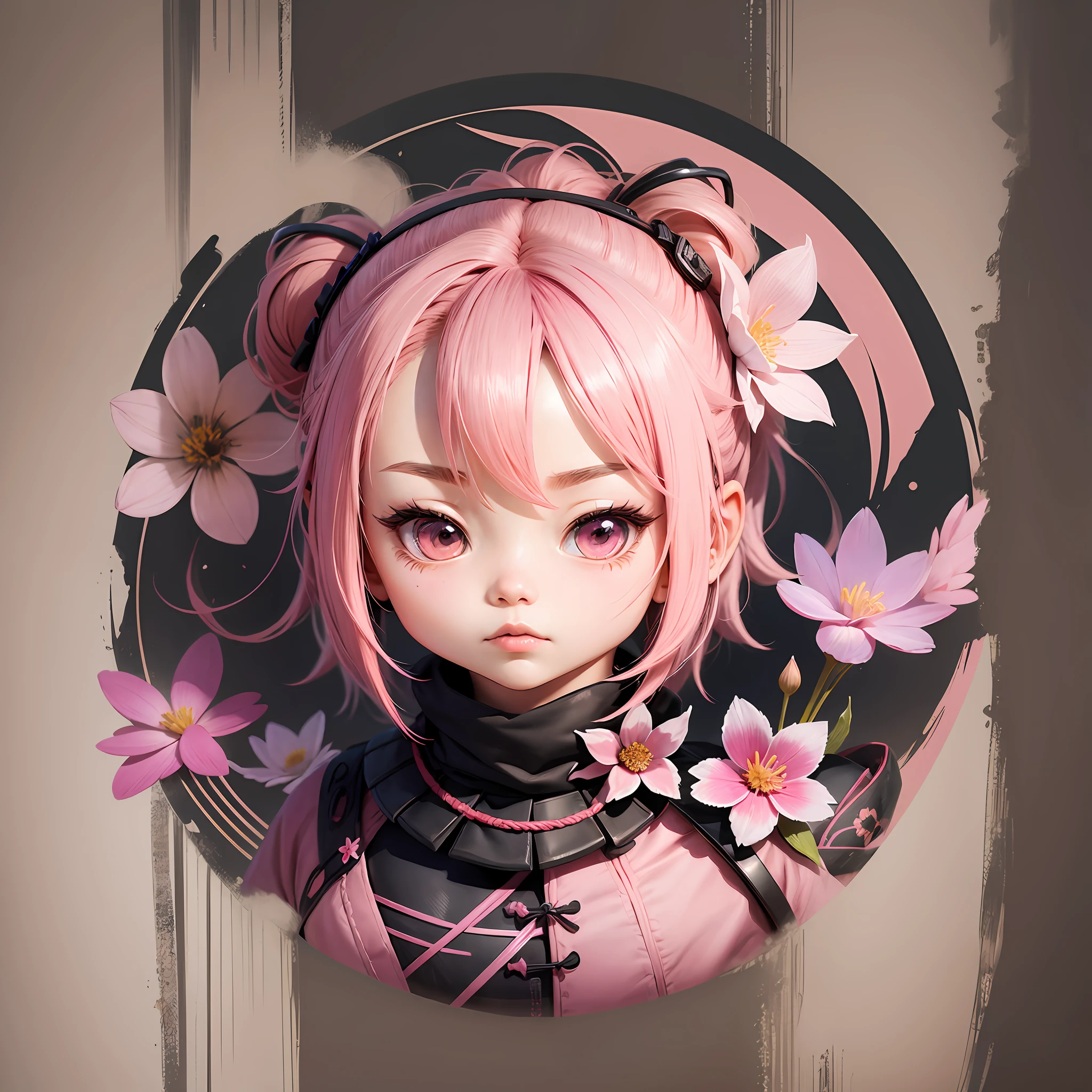 Style female flower samurai chibi, pink haired Chibi.