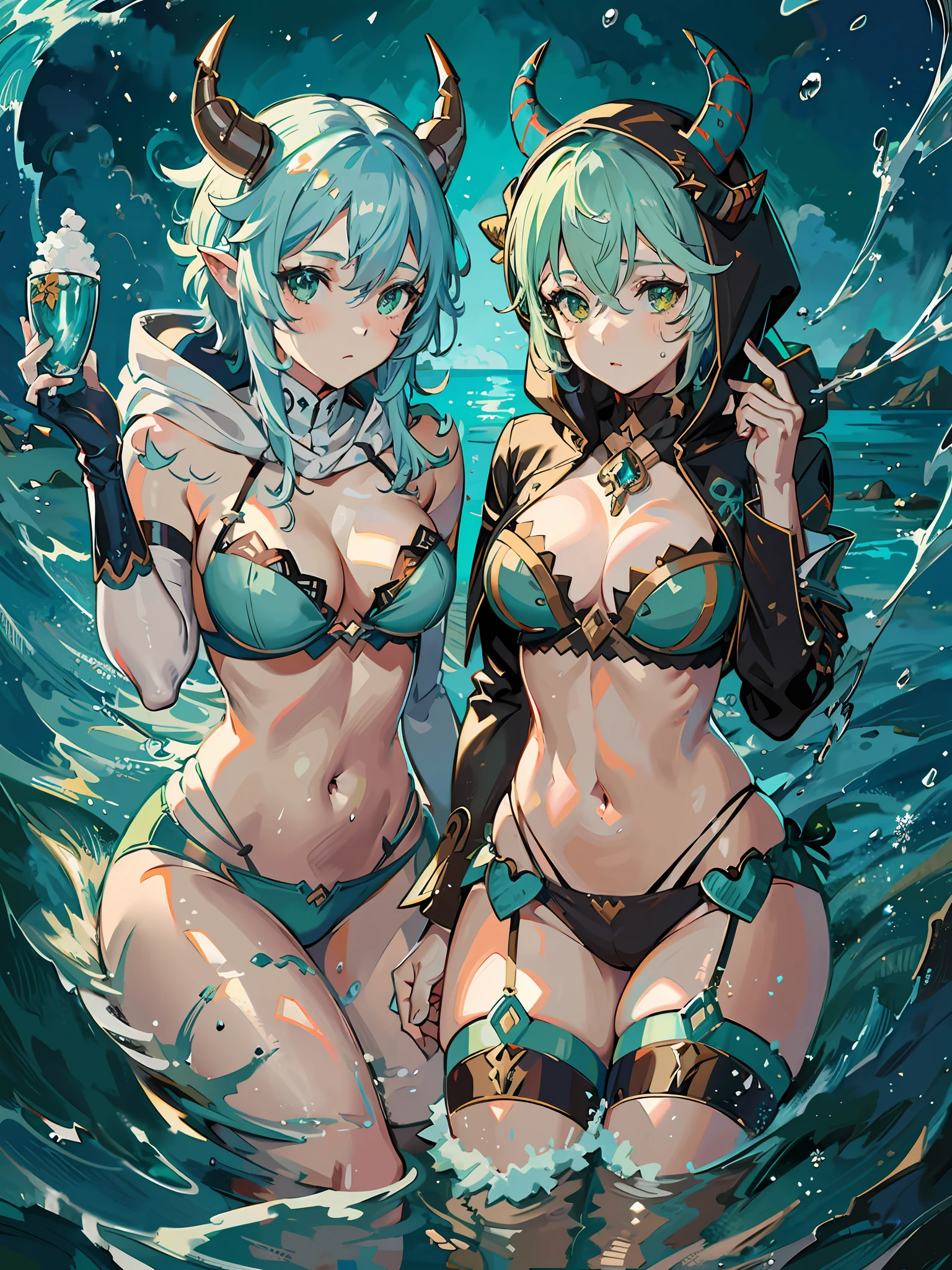 Two-dimensional, black gold wire rimmed hood, anime characters with horns and horns on their heads, detailed anime character art, popular on ArtStation pixiv, girl design horns, Genshin impact characters, anime character art, anime girls with blue-green hair, sky blue, delicate hair, Genshin, short hair, water clear is shallow, water green is deep, water black is abyss, sexy, underwear, three views, fashion, trend, curly hair, winter, ocean, snowflakes --auto --s2