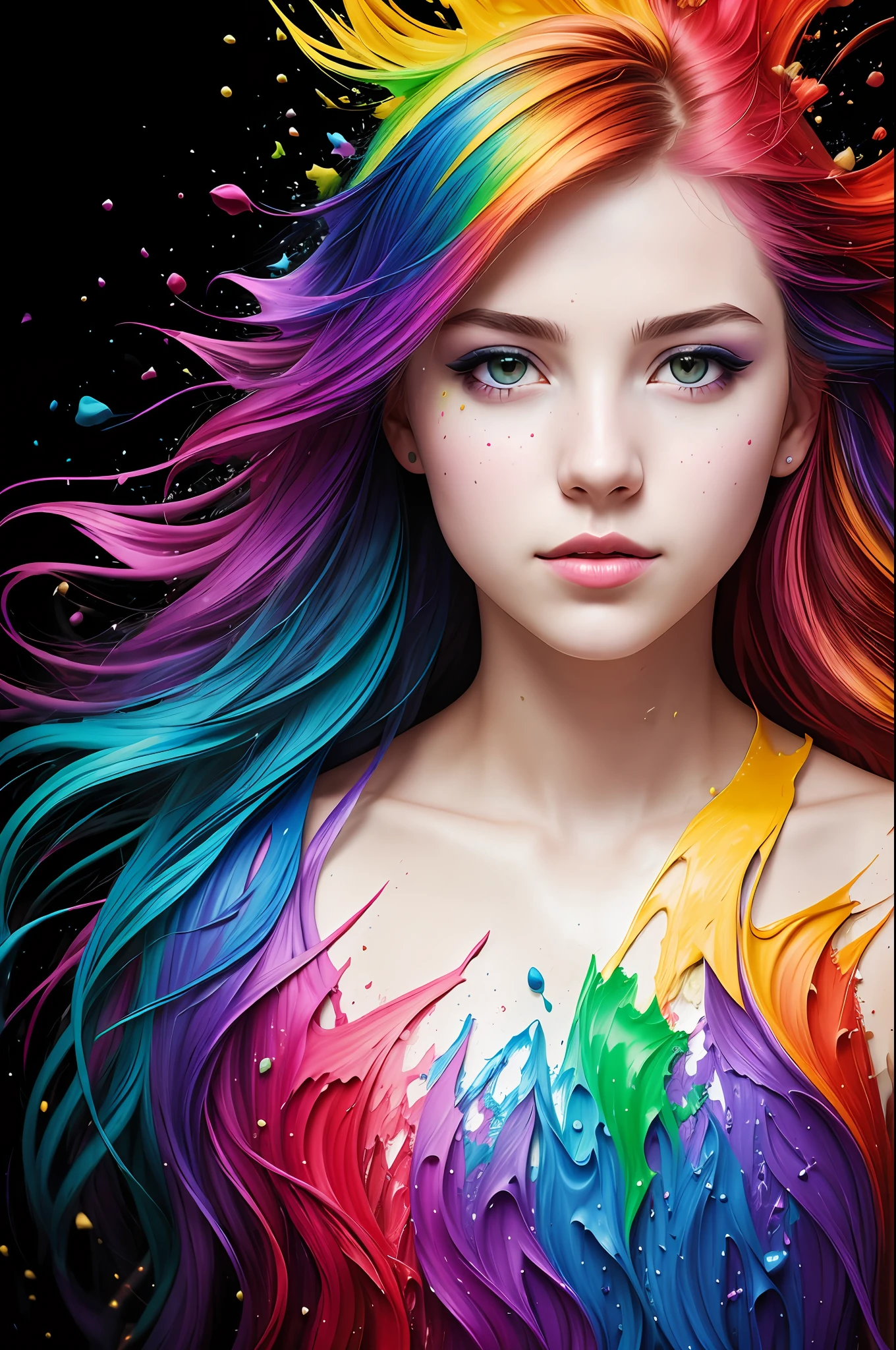 (level difference:1.8),(Paint colliding and splashing on the canvas),(depth of field),1girl's side face blends into it,((side face)),open mouth,(liquid paint rainbow hair:1.1) made of paint and defies gravity,thick flowing,(paint splatter:1.3),Liquid state,stunningly beautiful, masterpiece, detailed background,ultra high quality model, ethereal background,abstract beauty, explosive volumetric, oil painting,heavy strokes,Romantic lighting,Sub-Surface Scatterring,lens 135mm,f1.8,glow,8k,high resolution, dreamy,ray tracing,hdr,god rays,