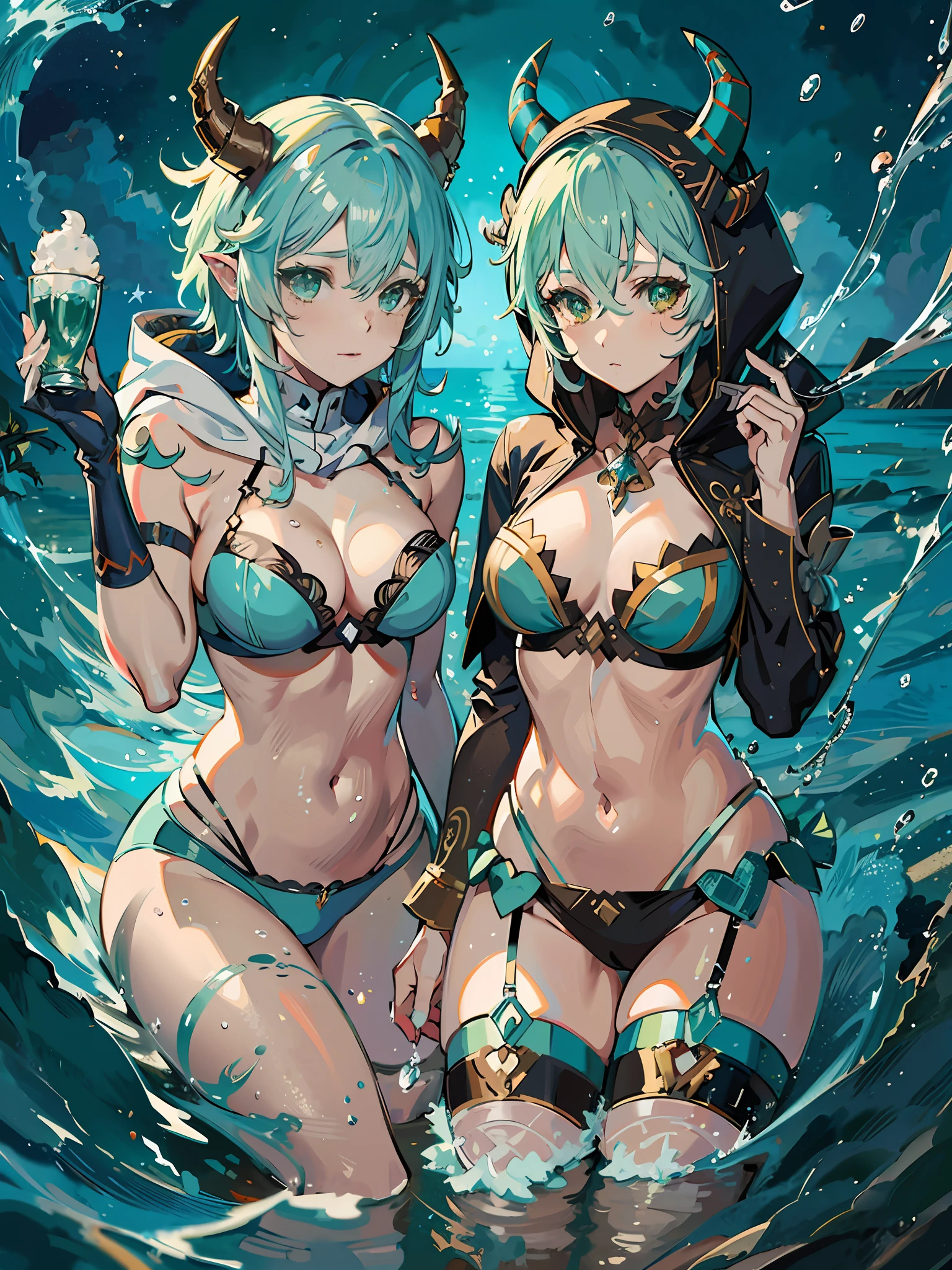 Two-dimensional, black gold wire rimmed hood, anime characters with horns and horns on their heads, detailed anime character art, popular on ArtStation pixiv, girl design horns, Genshin impact characters, anime character art, anime girls with blue-green hair, sky blue, delicate hair, Genshin, short hair, water clear is shallow, water green is deep, water black is abyss, sexy, underwear, three views, fashion, trend, curly hair, winter, ocean, snowflakes --auto --s2