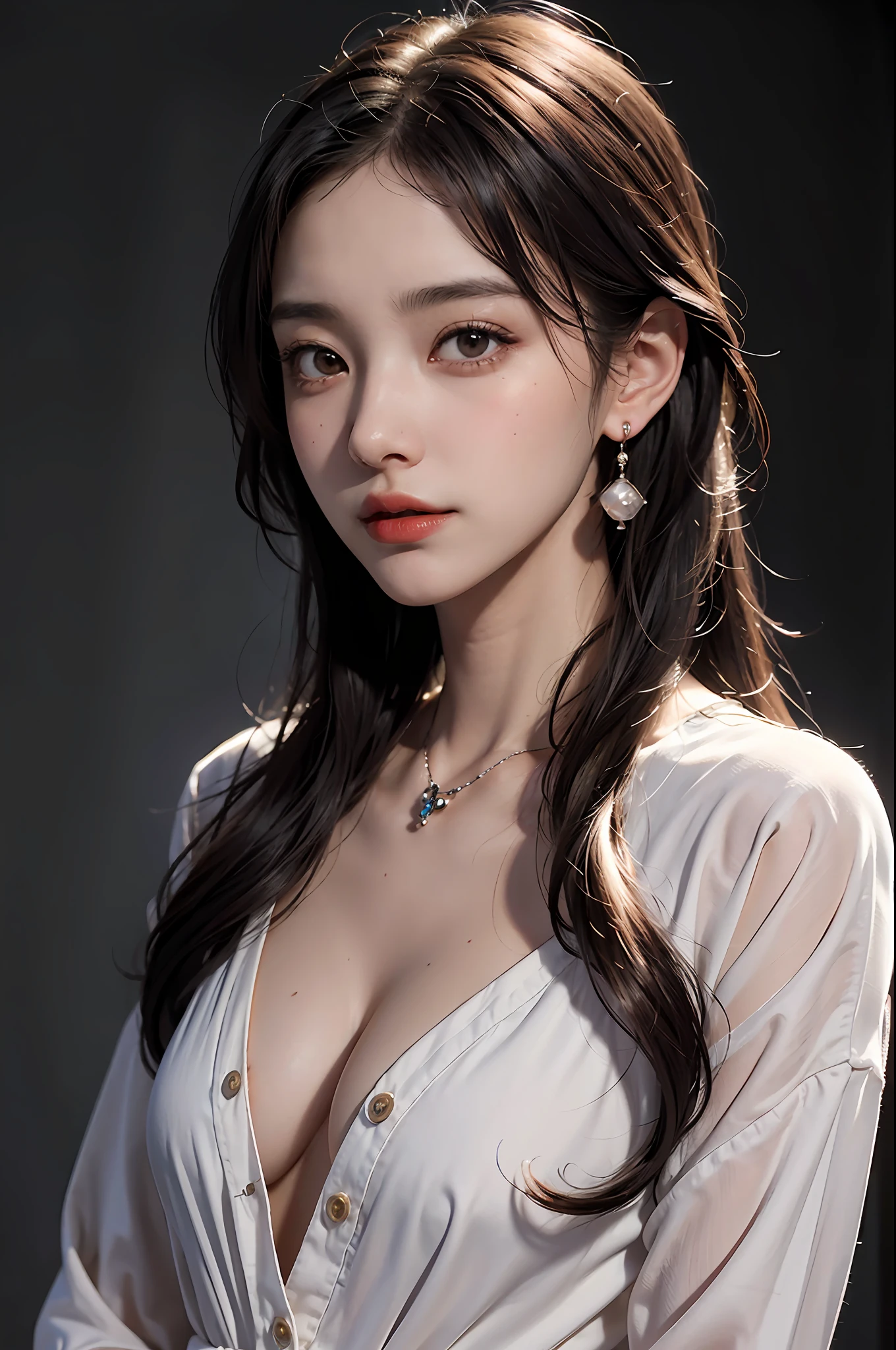 Wearing only one long shirt (Open all buttons: 1.1), small, deep cleavage, top quality, masterpiece, illustration, very delicate and beautiful, very detailed, CG, unity, 8K wallpaper, amazing, fine details, highly detailed CG Unity 8K wallpaper, huge file size, very detailed, high resolution, handsome detail woman, very detailed eyes and face, wonderful detailed eyes, Facial light, (Best Illustration: 1.1), (Best Shadow: 1.1), Ultra High Resolution, (Photoreal: 1.1), (Photoreal: 1.2:1.1), Realistic Face Proportions, Slender, Smile, (Makeup: 0.4), (Fluffy Black Eyes: 1.21), Black Eyes, Beholder's Look, Dark Brown Hair, Earrings, Necklace, Hairpin, Cowboy Shot, ( irregular irregular skin imperfections, veins, wrinkles on the skin: pores: 1.2), (dark night background: 1.2), (bokeh: 1.4),