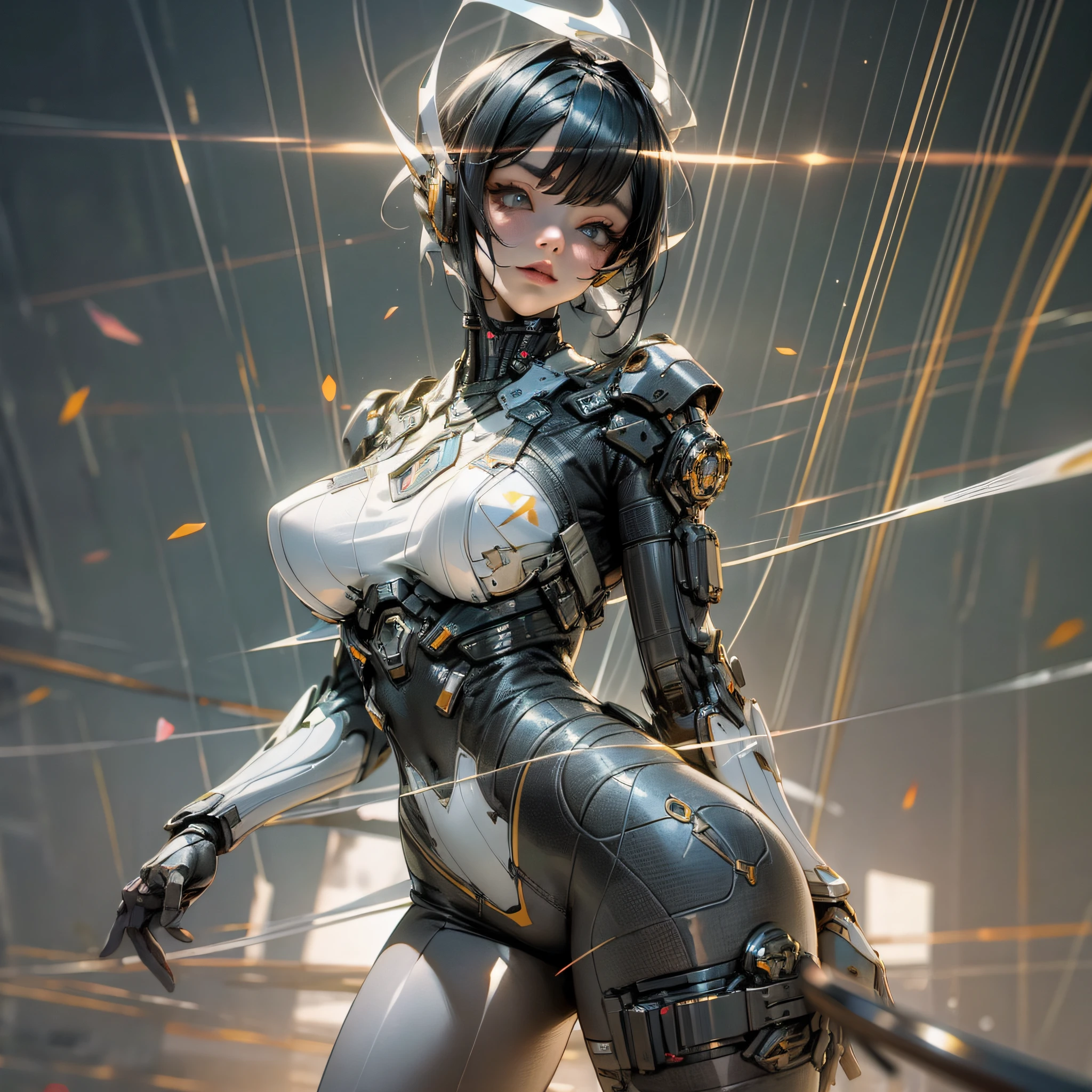 masterpiece, cyberpunk, ultra realistic, Like a Yael Shelbia, 3d, 3d rendering, porcelain, latex, Best quality, human anatomy, real hair, short hair, asymmetrical cut hair, moving hair, huge breasts, human anatomy, posing for photo, translucent, (ethereal, dreamlike), formidable, 8k wallpaper --auto --s2