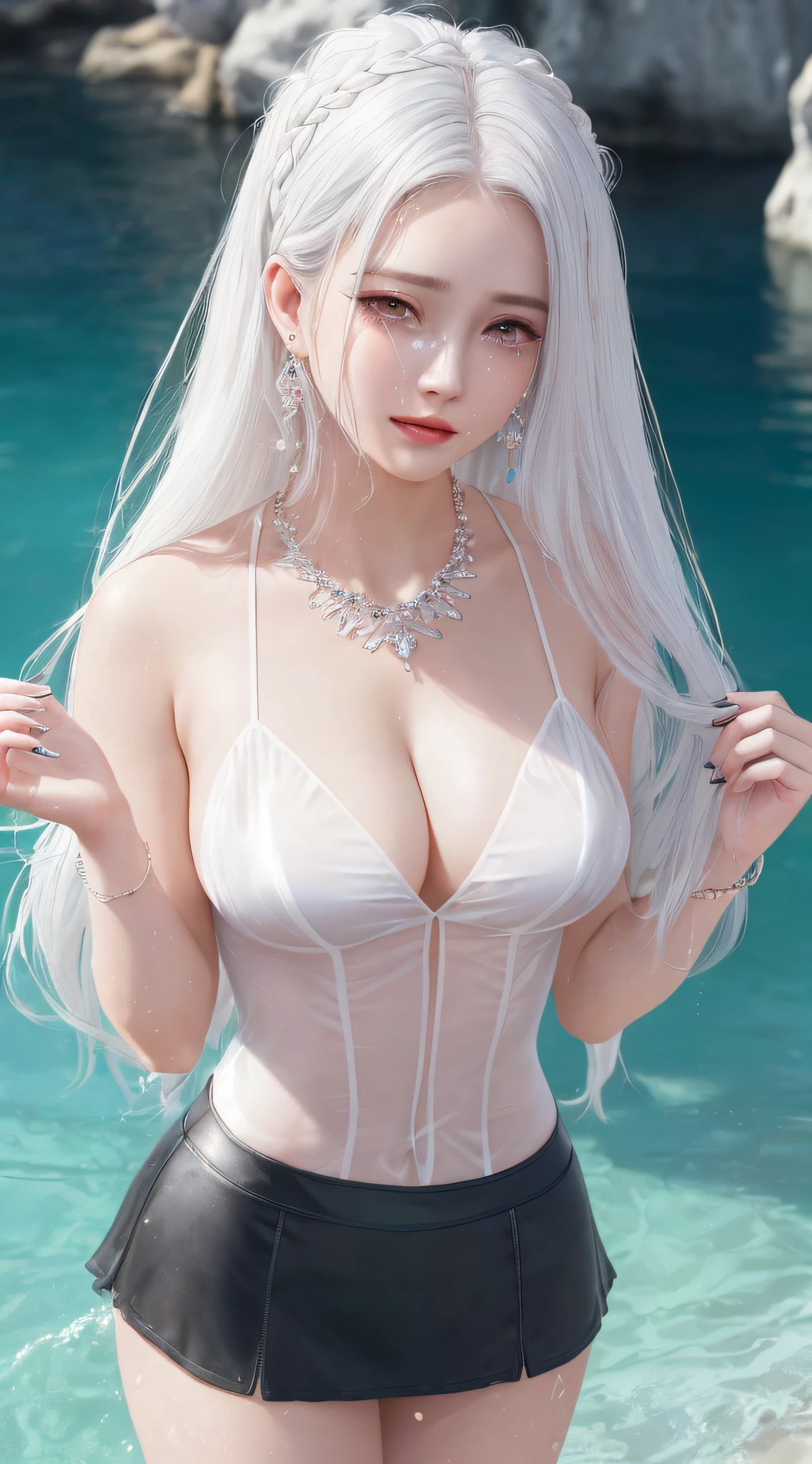 (High-definition, realistic, shocking, crying girl v6, full of tears, very delicate hair, standing in the water, white hair and graceful hairstyle looks very noble, big breasts conspicuous cleavage, sharp open chest, long Eyelashes and lip gloss are lazy, showing perfect curves in a transparent white shirt, necklaces and earrings are exquisitely and richly decorated, miniskirts exude the charm of transparent black, presented in high resolution and 8K quality), v6
