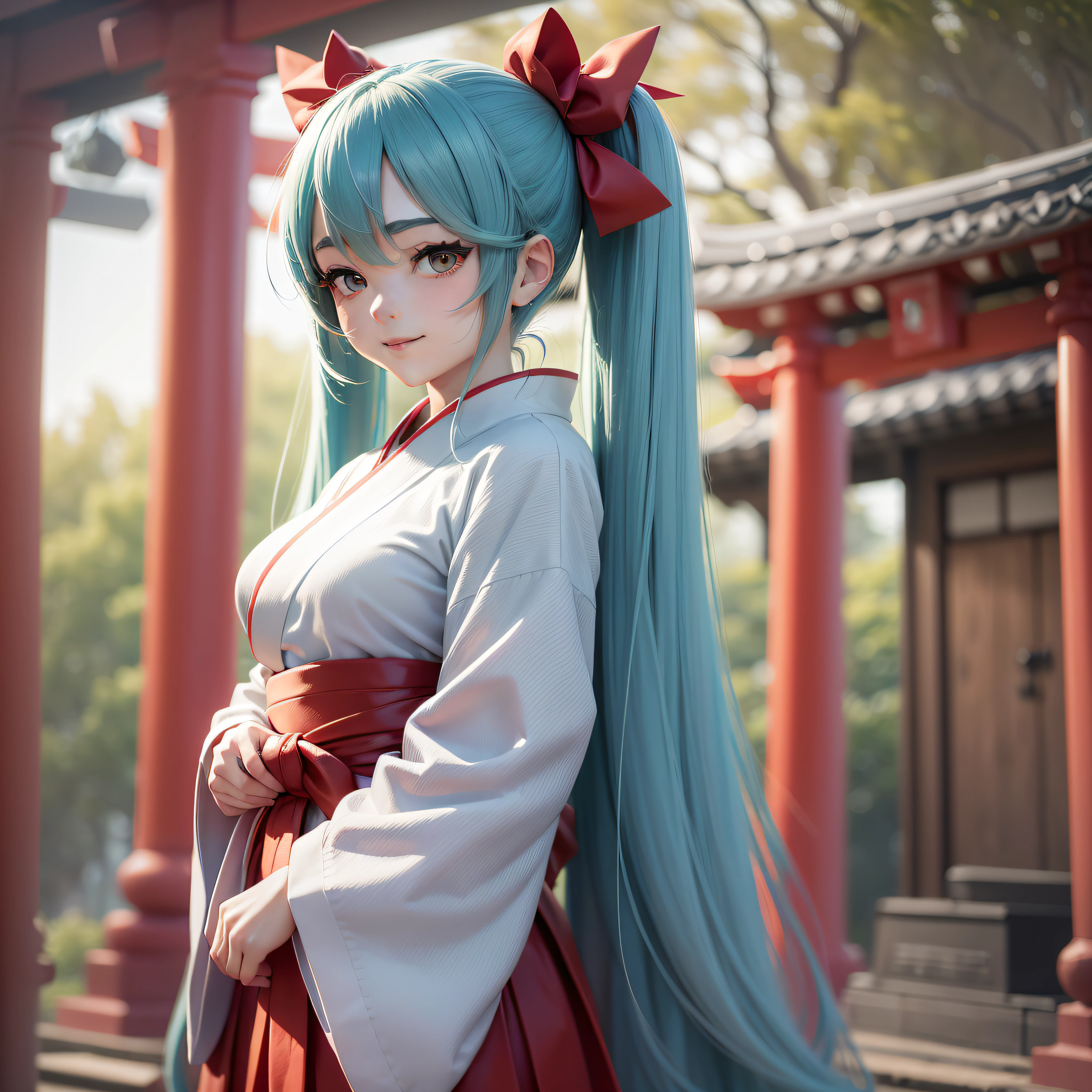 Hatsune Miku, blue eyebrows, twin tails with red ribbon, red hakama skirt, white long sleeve kimono, alone, idol pose, priestess, Japan shrine torii, healthy smile, (photorealistic: 1.3), ultra detailed, (high detail skin: 1.2), 8k UHD, DSLR, soft lighting, high quality, film particles