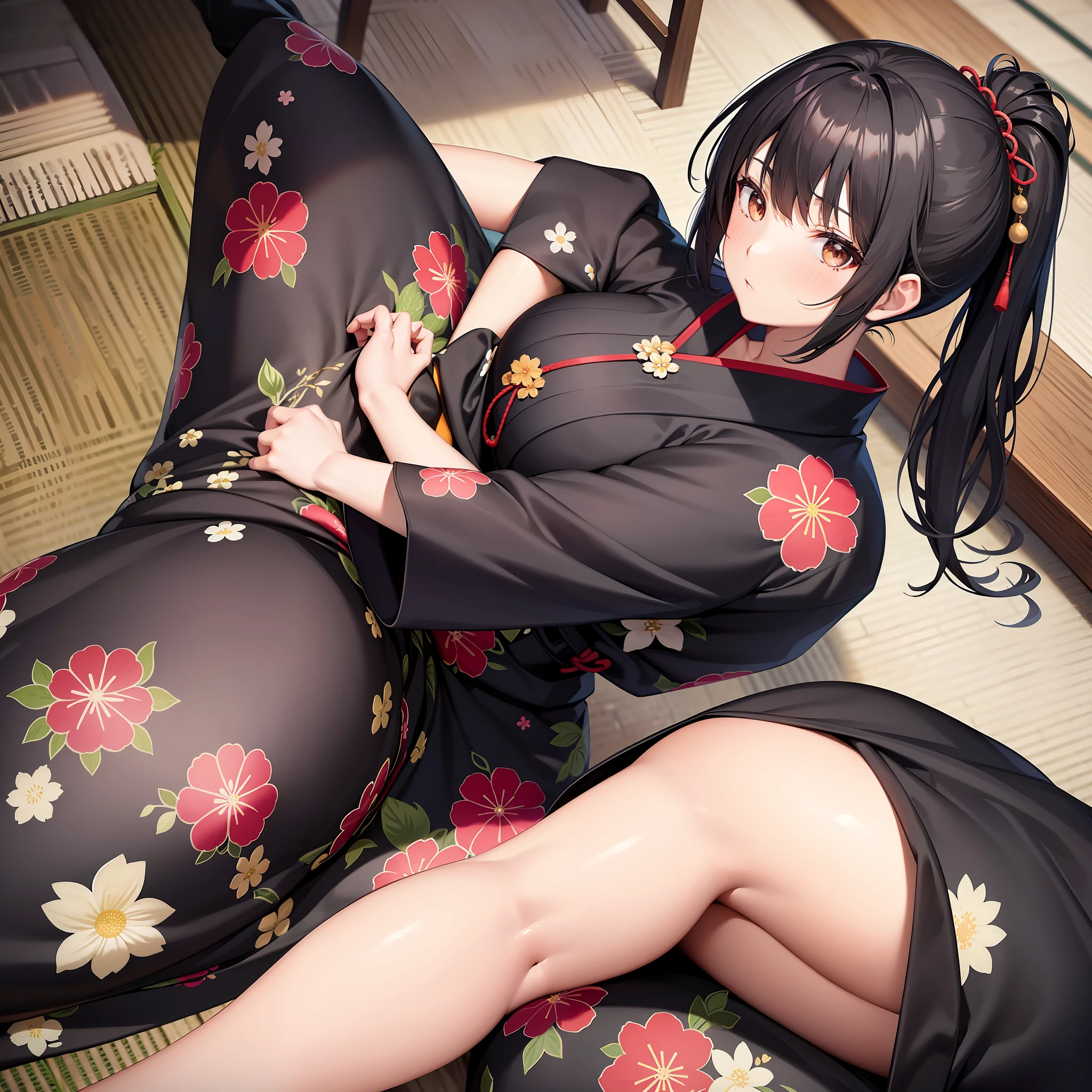 Floral Japanese Dress Beautiful Big Beautiful Girl Black Hair Ponytail