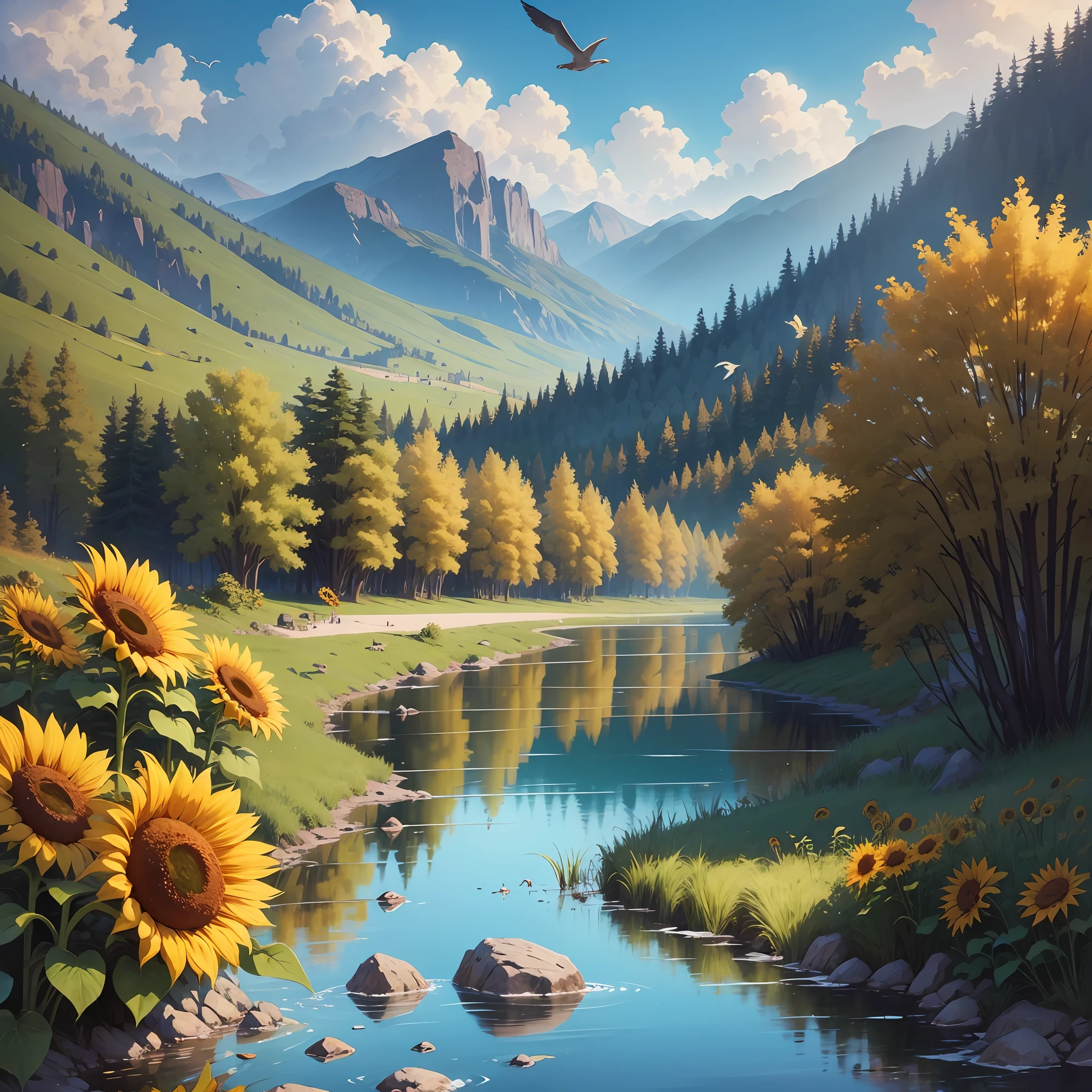 Many sunflowers, birds, lake with rocks, blue sky. --auto --s2