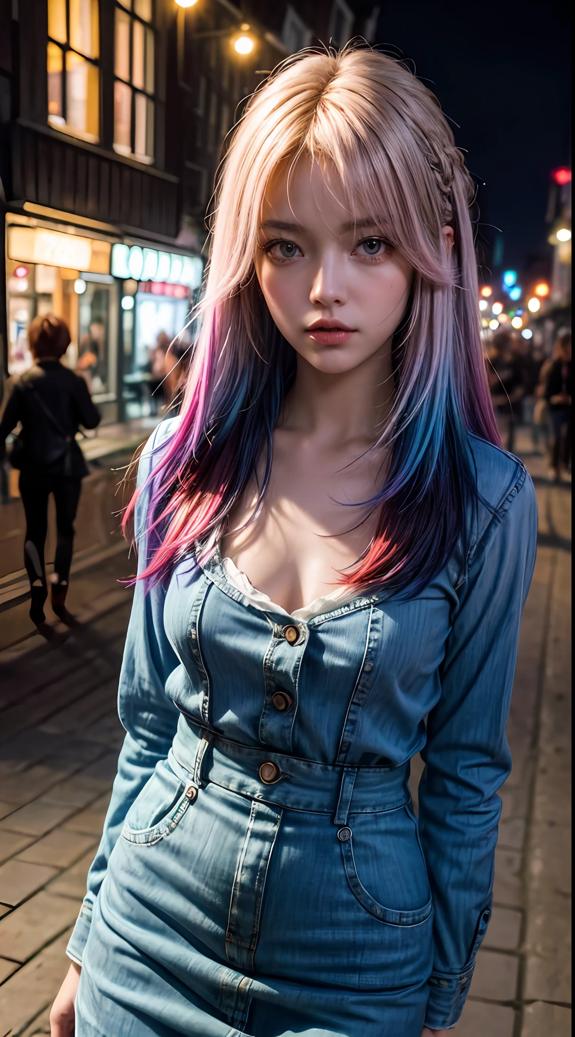 (gradient hair, dutch angle:1.3), film grain, chromatic aberration, city centre, masterpiece, best quality, raw photo, photorealistic, absurdres, 1girl, cute, perspective, cowboy shot, highres, ultra detailed, finely detail, detailed eyes and face, sharp pupils, realistic pupils, sharp focus, summer, night,