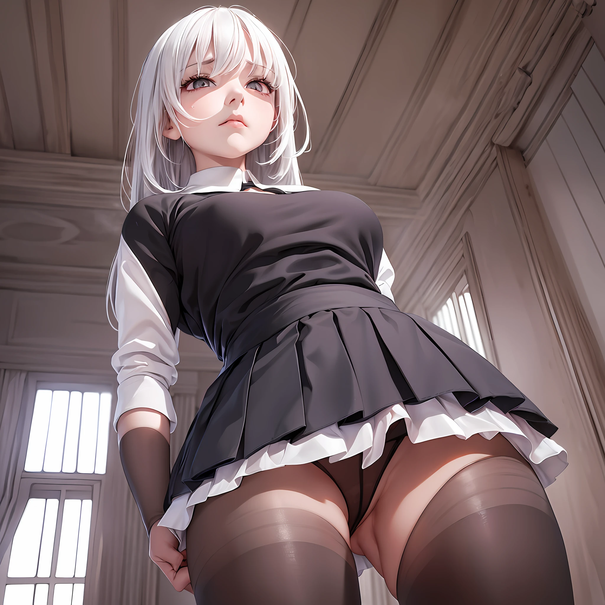 Low angle perspective, a girl, white hair, red eyes, small breasts, disdainful expression, frowning, flushed cheeks, sweat-soaked white shirt, black pleated skirt, no bra, raised breasts, hands lifting the corners of the skirt, her skirt exposes white transparent pantyhose, black panties, panties oozing transparent viscous liquid, slender figure, correct limbs, five fingers per hand, five toes per foot, only two hands, only two legs, bright bedroom