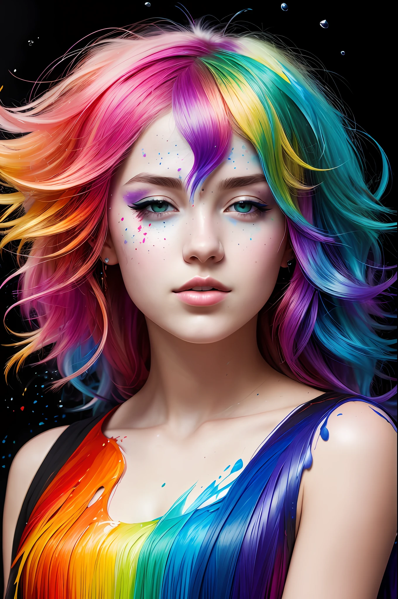 (level difference:1.8),(Paint colliding and splashing on the canvas),(depth of field),1girl's side face blends into it,((side face)),open mouth,(liquid paint rainbow hair:1.1) made of paint and defies gravity,thick flowing,(paint splatter:1.3),Liquid state,stunningly beautiful, masterpiece, detailed background,ultra high quality model, ethereal background,abstract beauty, explosive volumetric, oil painting,heavy strokes,Romantic lighting,Sub-Surface Scatterring,lens 135mm,f1.8,glow,8k,high resolution, dreamy,ray tracing,hdr,god rays,