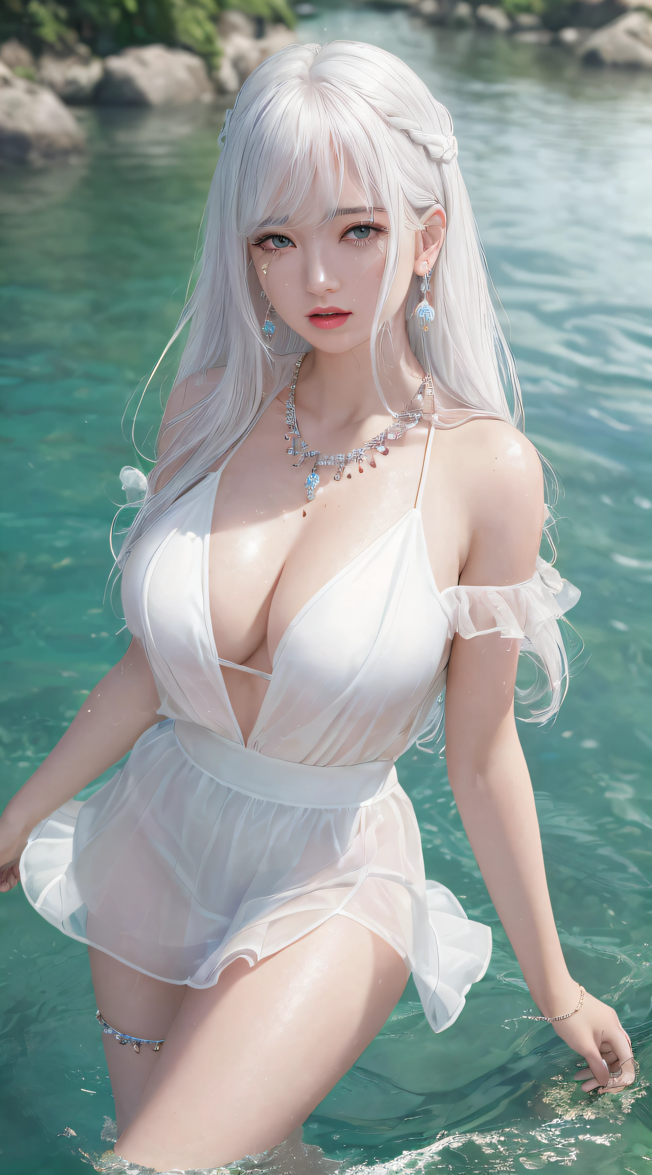 (High-definition, realistic, shocking, crying girl v6, full of tears, very delicate hair, standing in the water, white hair and graceful hairstyle looks very noble, big breasts conspicuous cleavage, sharp open chest, long Eyelashes and lip gloss are lazy, showing perfect curves in a transparent white shirt, necklaces and earrings are exquisitely and richly decorated, miniskirts exude the charm of transparent black, presented in high resolution and 8K quality), v6