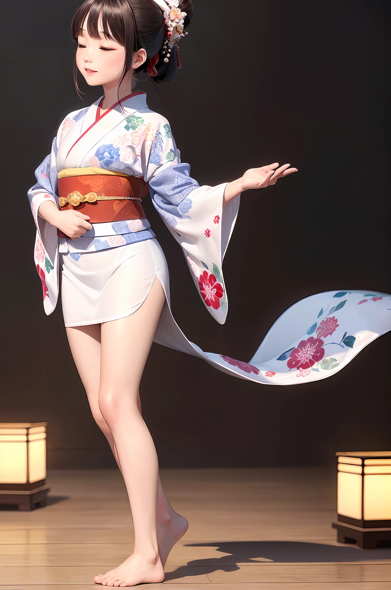(full body), (ukiyo-e style), (floral kimono wearing a yukata in white, red and blue), (slightly smiling and eyes closed), ((big, gentle girl, small head)), (perfect body: 1.1), (knotted lifelike black hair, ponytail: 1.2), reddish brown, collar, chain, full body shot, pale yukata, (very elaborate CG 8K wallpaper), (very delicate and beautiful), (masterpiece), (highest quality) :1.0), (Ultra High Definition: 1.0), Beautiful lighting, perfect lightning, realistic shadows, [High Definition], Detailed skins, Ultra detailed ((Colorful)), Background white, (showing forehead), (nape), Profile, (Dancing the Awa Odori female dance with a hat on her head), ⋮ dynamism, (sweat and light splash)
