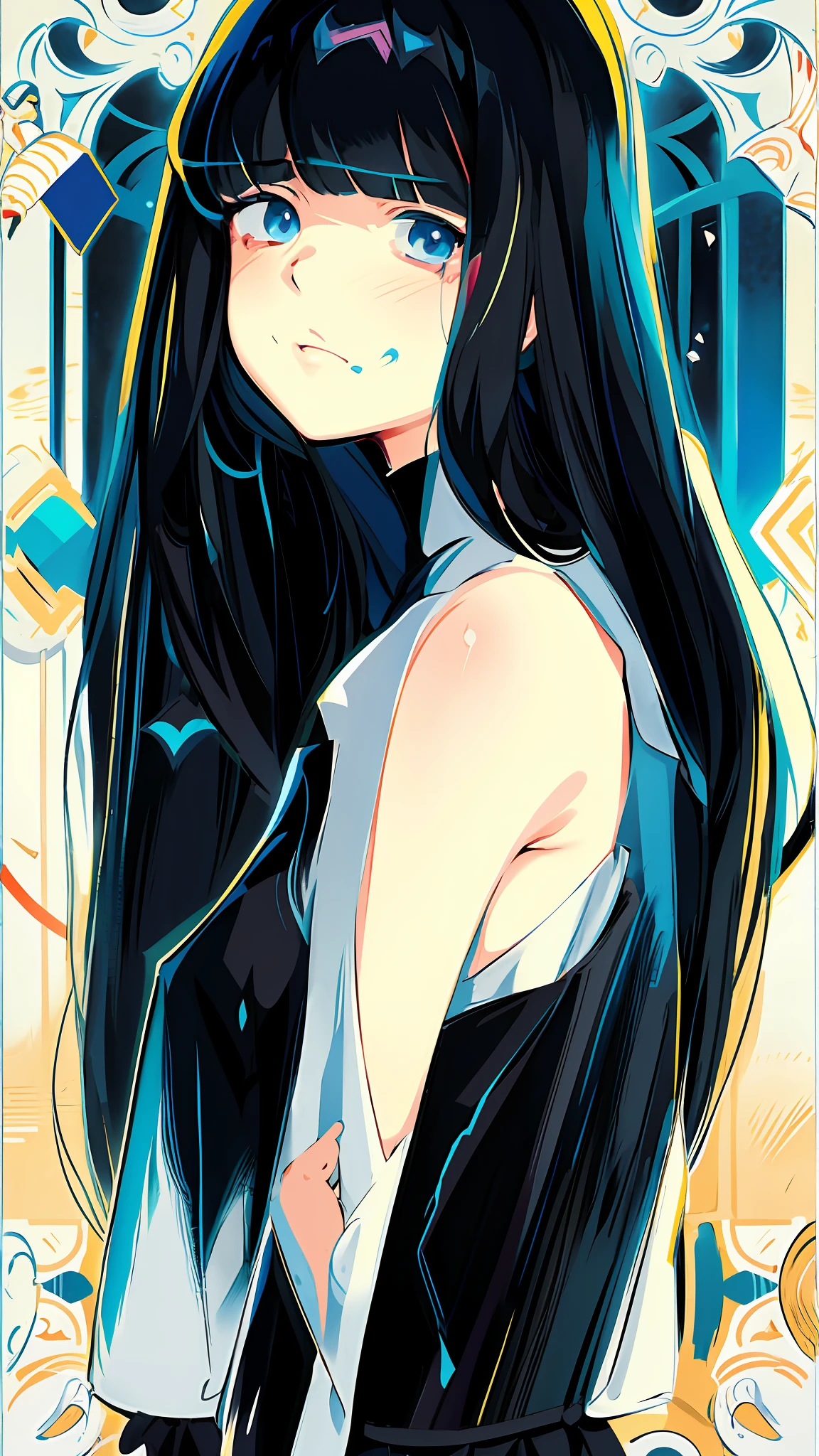 Anime girl with long hair and blue dress looks at camera, Ilya Kuvshinov with long hair, Roish art style, anime girl with long hair, , soft anime illustration, girl with long hair, flat anime style shading, marceline in adventure time, anime art style, anime art style with long black hair,