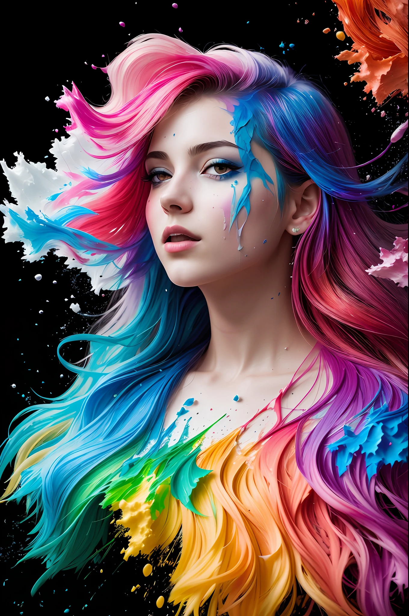 (level difference:1.8),(Paint colliding and splashing on the canvas),(depth of field),1girl's side face blends into it,((side face)),open mouth,(liquid paint rainbow hair:1.1) made of paint and defies gravity,thick flowing,(paint splatter:1.3),Liquid state,stunningly beautiful, masterpiece, detailed background,ultra high quality model, ethereal background,abstract beauty, explosive volumetric, oil painting,heavy strokes,Romantic lighting,Sub-Surface Scatterring,lens 135mm,f1.8,glow,8k,high resolution, dreamy,ray tracing,hdr,god rays,