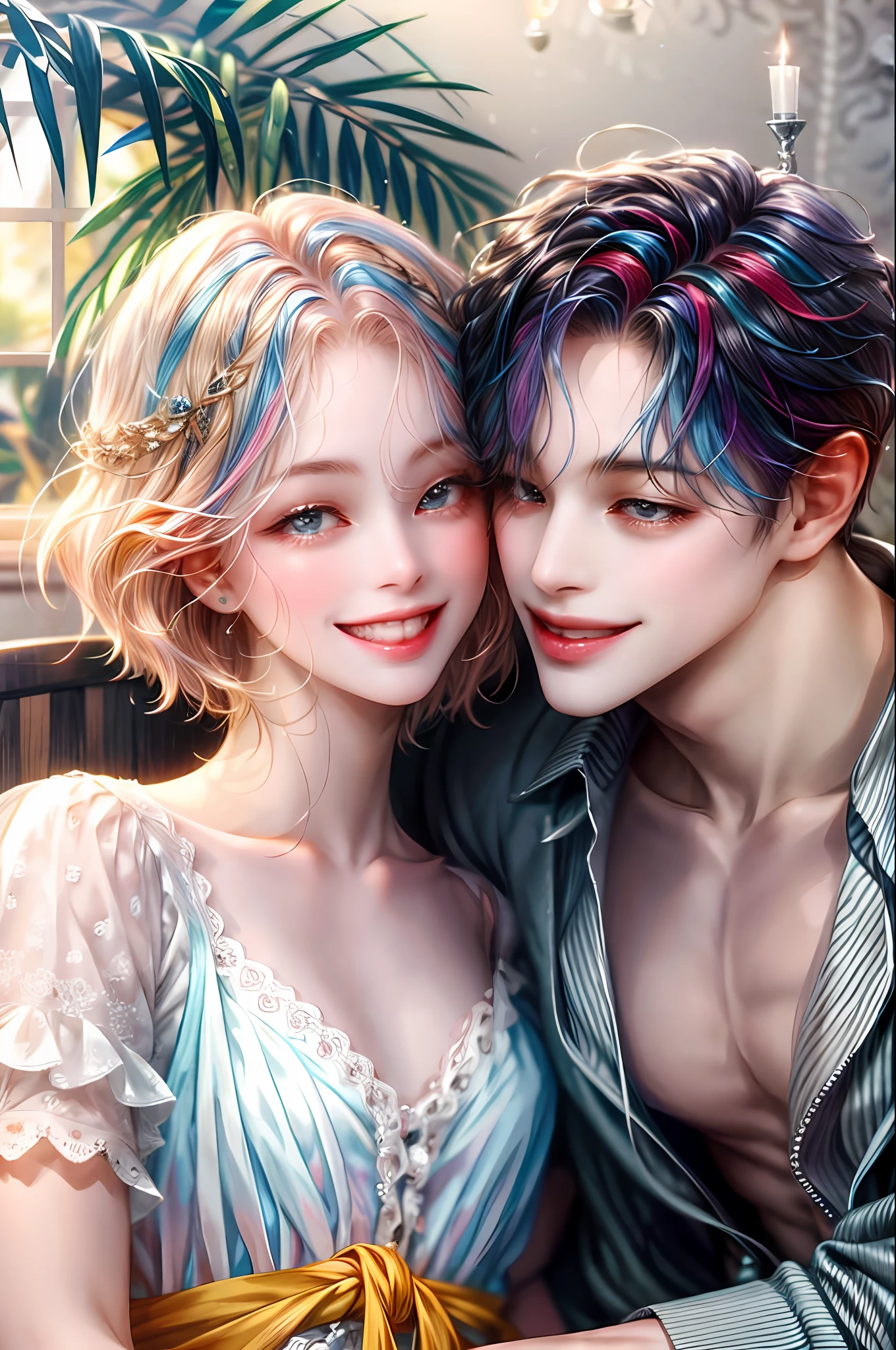 Two boys in love look sweet and happy together, and boys with different hair colors fall in love