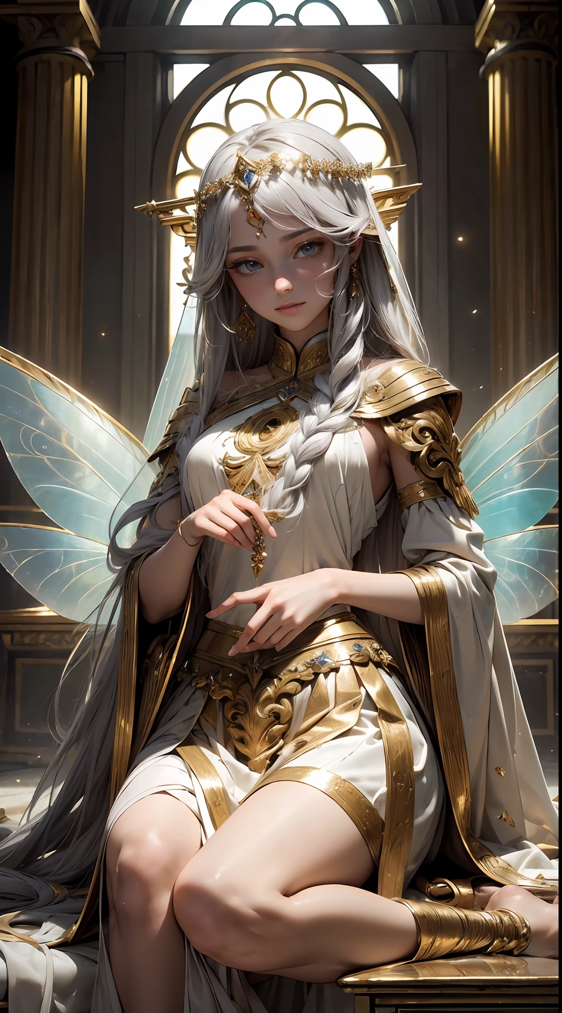 (Masterpiece) (highest quality) ((full body)) (detailed eye depiction) (delicate hands) (delicate clothing) (meticulous portrayal of the face) ((meticulous depiction of the hand)) Brokenness, extreme light and shadow, sunlight, ((Tyndall effect)) long hair, tilt view, long skirt, dotted starlight, golden pupils, (glazing) ((ancient Greek long skirt)) (masterpiece), (fine facial features), (very fine CG), (highest image quality), (fine facial features), (extreme light and shadow) messy hair, long eyelashes, Spell casting with a scepter, ancient Greece, golden hair, goddess, (masterpiece), golden pupil, prayer, (masterpiece) (meticulous portrayal of the body) (meticulous portrayal of the face) (masterpiece) (meticulous description) (meticulous portrayal of the eyes) ((meticulous portrayal of the human body)) masterpiece, the best quality, fine details, beautiful details of the eyes, micro-curly hair, (((atmosphere)) ((fairy)) hidden dye ((dream)), temple, ultimate light and shadow, atmosphere, detailed full-body description,