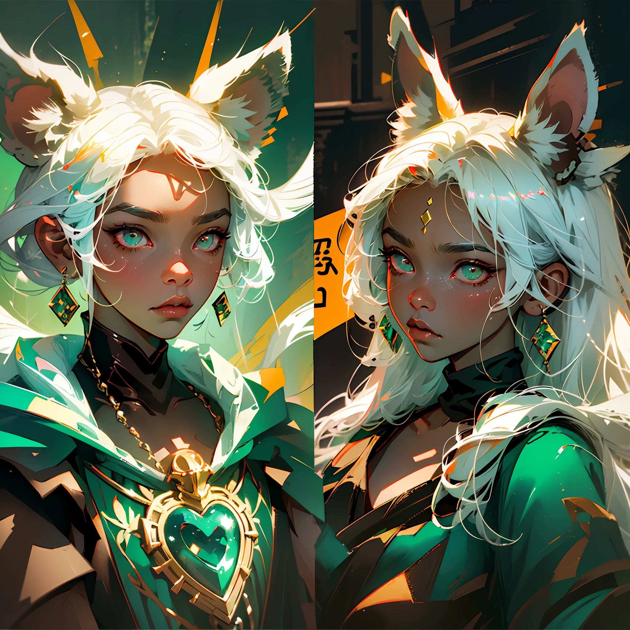 (Boy with black hair, brown skin, green eyes, lion ears,), (girl with white hair, rabbit ears, red eyes, dark eyelids, light skin), (comic style). --auto --s2