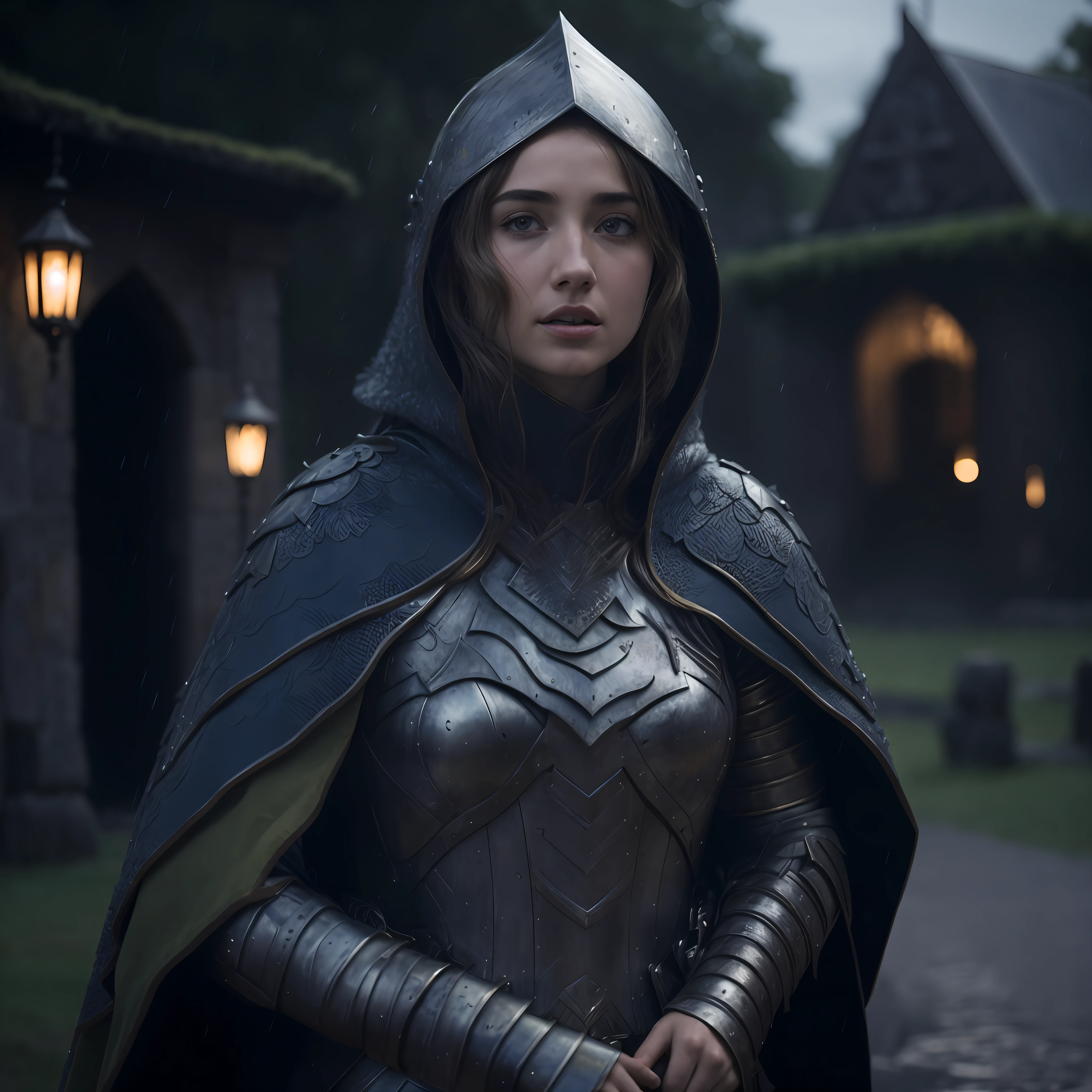 arafed woman in armor standing in front of a building, imogen poots as a paladin, imogen poots as holy paladin, imogen poots as a holy warrior, ana de armas as joan of arc, imogen poots as a d&d paladin, imogen poots d&d paladin