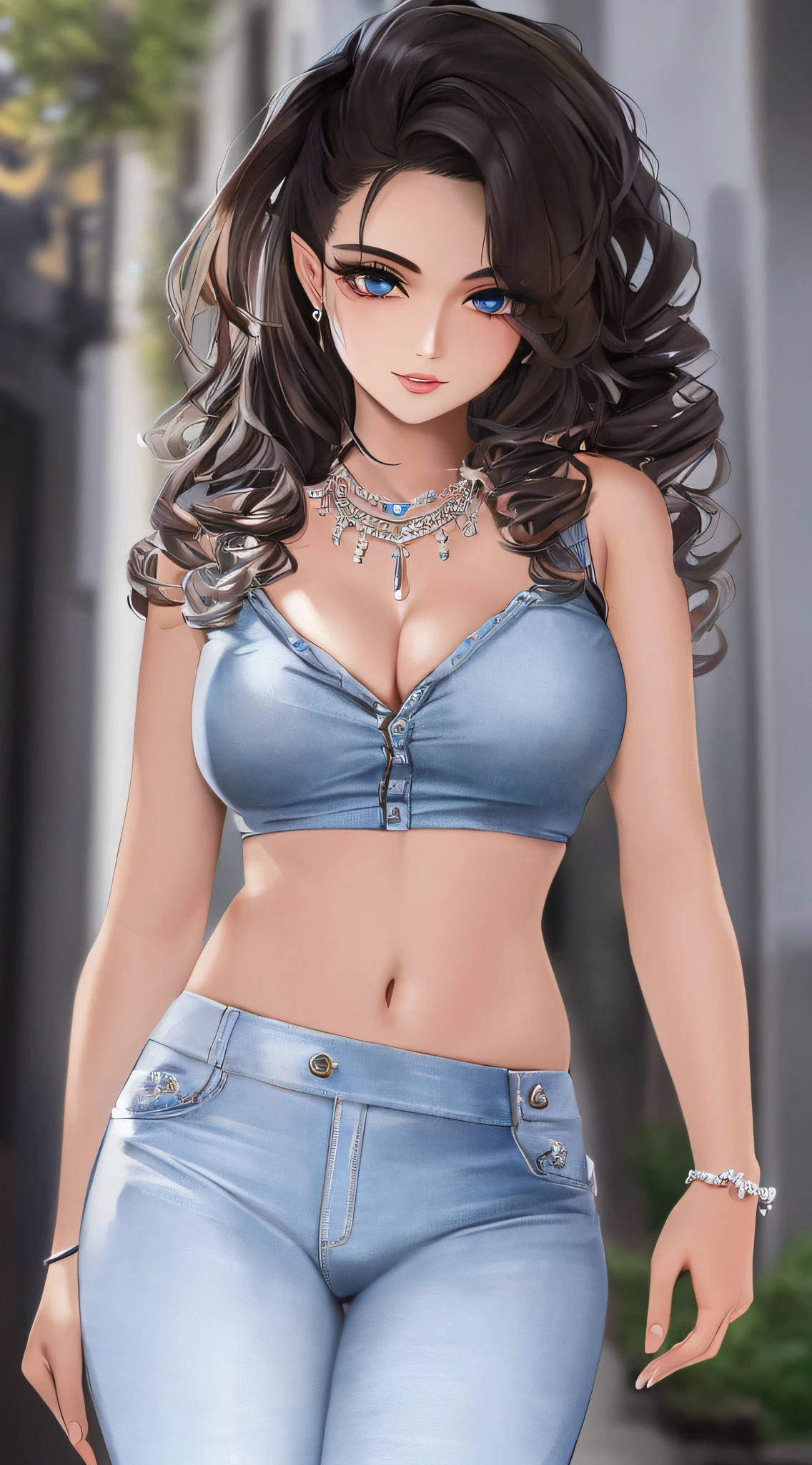 SoniaTotk, 1girl, solo, (realistic:0.5), masterpiece, solo, (best quality, perfect detailed, beautifully detailed face, detailed eyes), glistening shiny, ray tracing, DOF, HDR, gradient eyes, sharp eyelashes, ((eyelashes)), mascara, detail_face, eyelashes, shiny hair, flirting, seductive smile, parted lips, medium breasts, cleavage, bare shoulder, (soft particles floating:1.1), ((looking at viewer)), (playmate pose:1.1), (full body:1.1), ((8k wallpaper)), ((highres)), jewelry, blonde hair, pointy ears, long hair, tattoo, green eyes, earrings, necklace, dark skin, dark-skinned female, smile, looking at viewer, dress, hair ornament, circlet, upper body, (tight jeans:1.5)