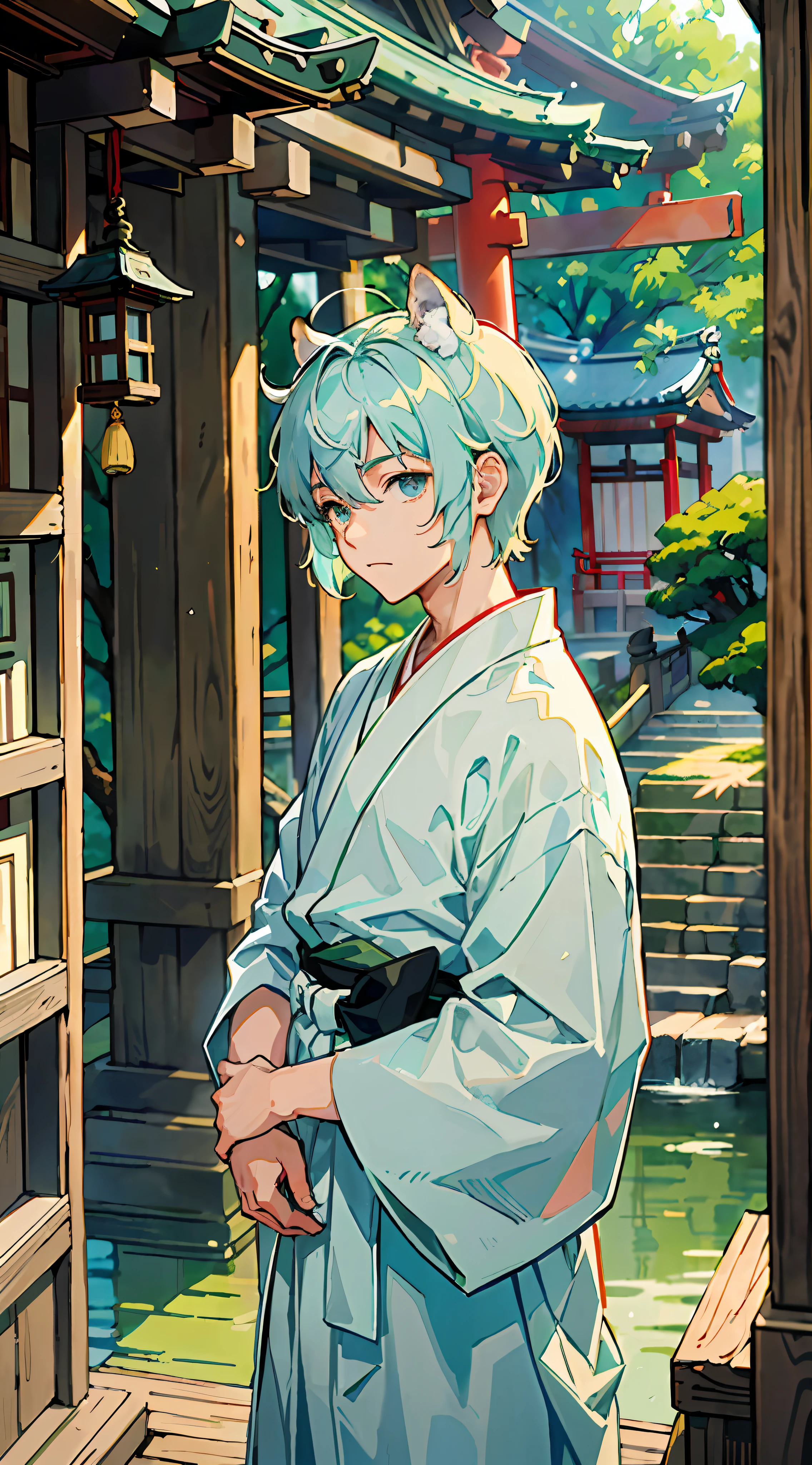 ((Masterpiece: 1.4, top quality)), one boy, green and short hair and eyes, (Japan Shinto priest, white and light blue hakama: 1.3), Tanuki ears, background is a temple in Kyoto.