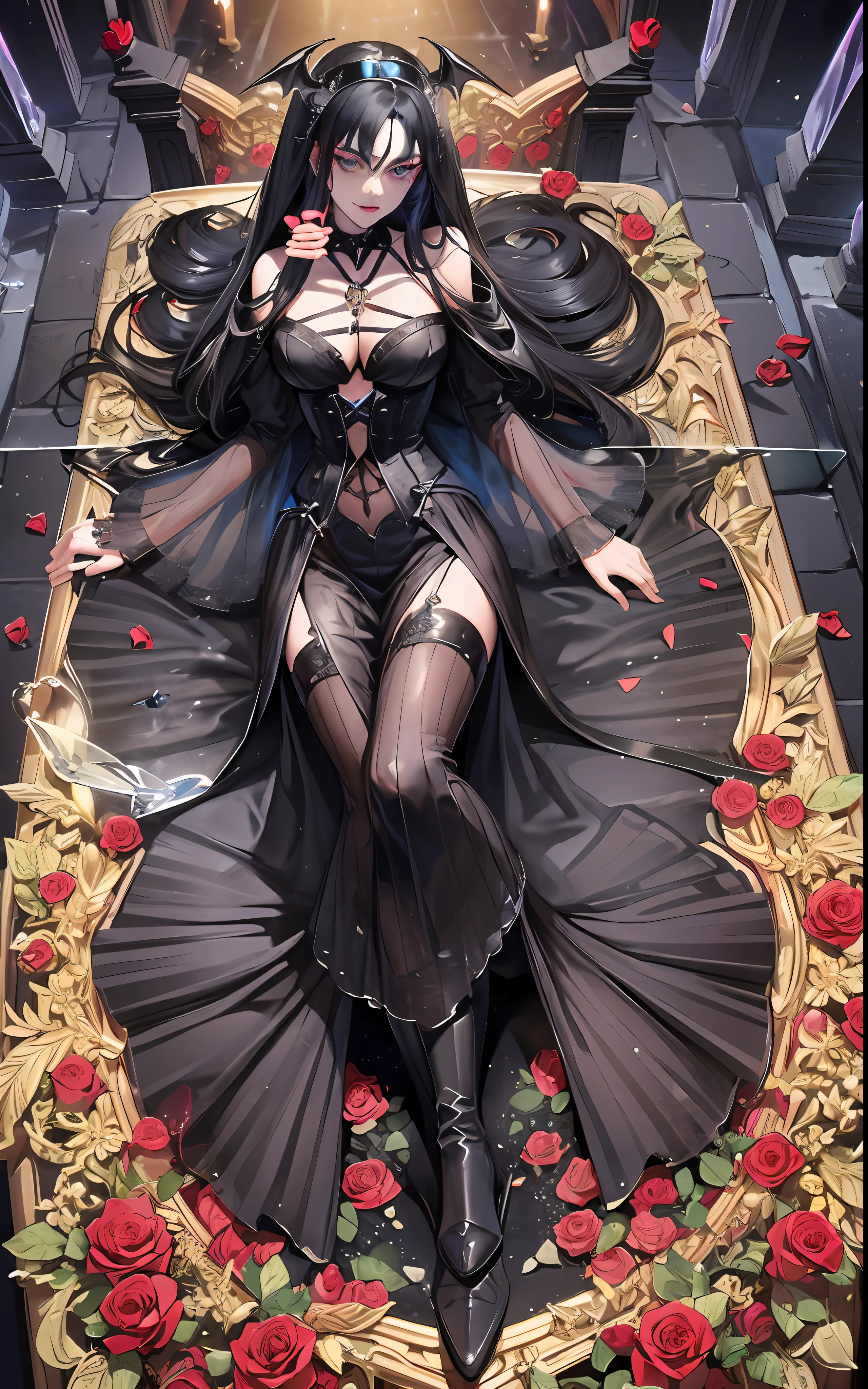 1girl, adult woman, black hair, long hair, blue eyes, big breasts, black victorian princess dress, flowing elegant dress, inside a coffin made of glass, (((transparent vampire coffin with closed lid))) , (long coffin), girl locked in the coffin, seabed in the background, ((crystal)), gold cross, golden details, roses inside the coffin, rose thorns, ocean in the background, moonlight, coffin submerged in the sea, closed coffin with glass walls, closed lid, (((sarcophagus))), full body inside coffin, closed coffin, full coffin