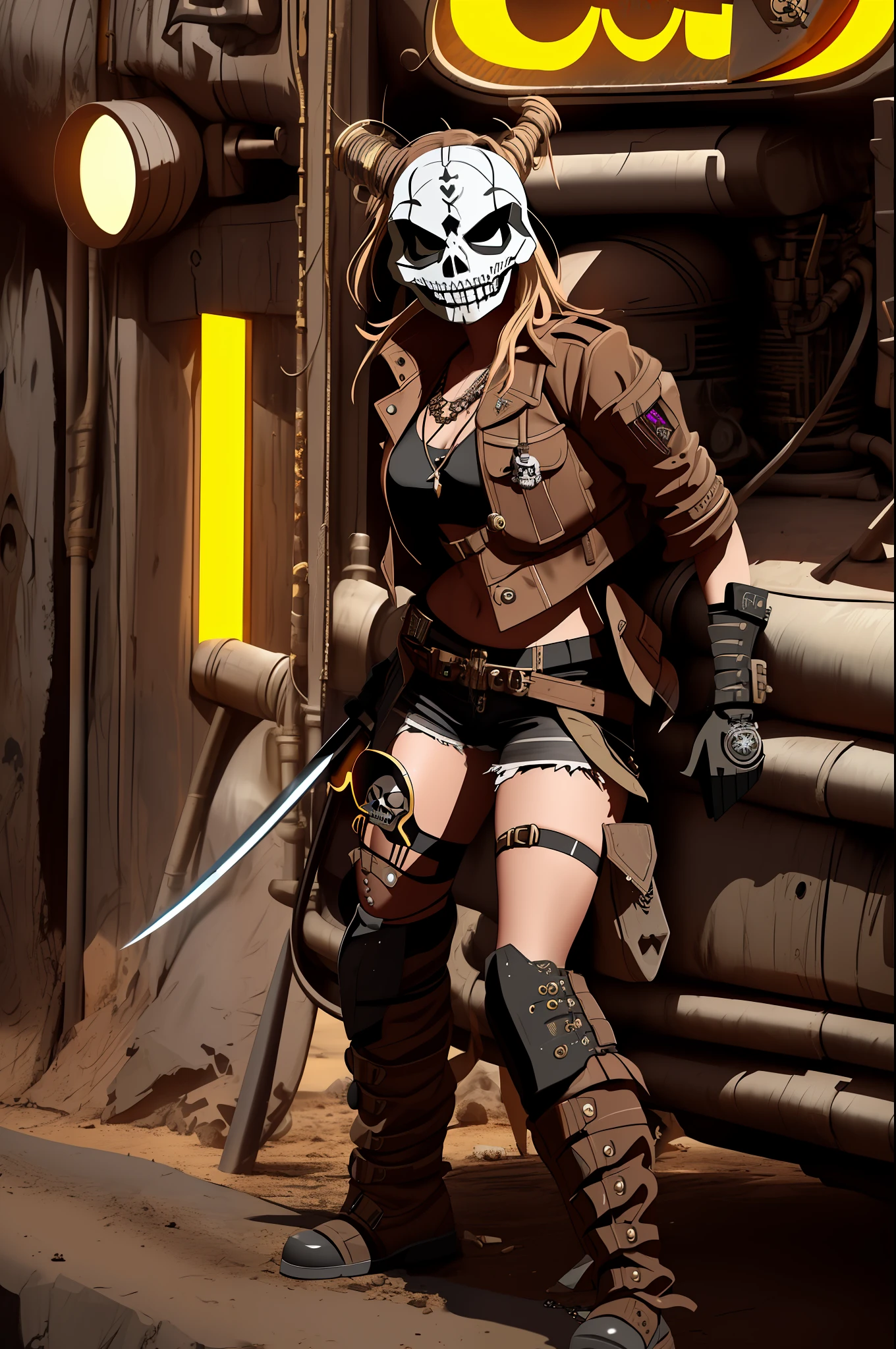 (((masterpiece))), ((African wastedland punk Pirate Girl)), Dreadlocks,wasteland punk, background desert, Perfectly Simmetrical Face, dark atmosphere, with a katana on her hand, Realistic Proportions, Intrincado, Abstract, Mirada dirigida, Composición cinematográfica, Ultra-Detailed, Realista, Hiperrealista, Iluminación volumétrica, 8K, dieselpunk, ((skelleton mask)),uhd,16k, leader clothes, brown color palette, grunge style, wearing an grunge leader outfit, dieselpunk