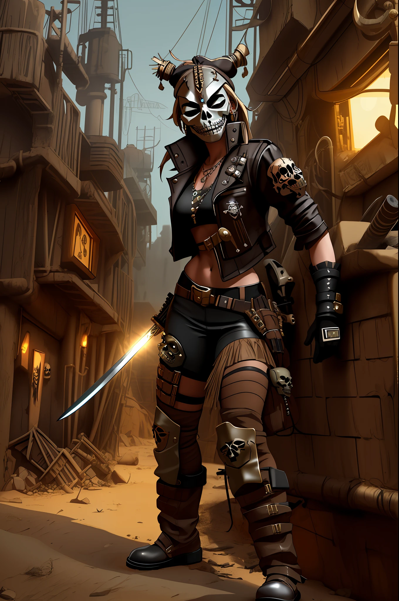 (((masterpiece))), ((African wastedland punk Pirate Girl)), Dreadlocks,wasteland punk, background desert, Perfectly Simmetrical Face, dark atmosphere, with a katana on her hand, Realistic Proportions, Intrincado, Abstract, Mirada dirigida, Composición cinematográfica, Ultra-Detailed, Realista, Hiperrealista, Iluminación volumétrica, 8K, dieselpunk, ((skelleton mask)),uhd,16k, leader clothes, brown color palette, grunge style, wearing an grunge leader outfit, dieselpunk